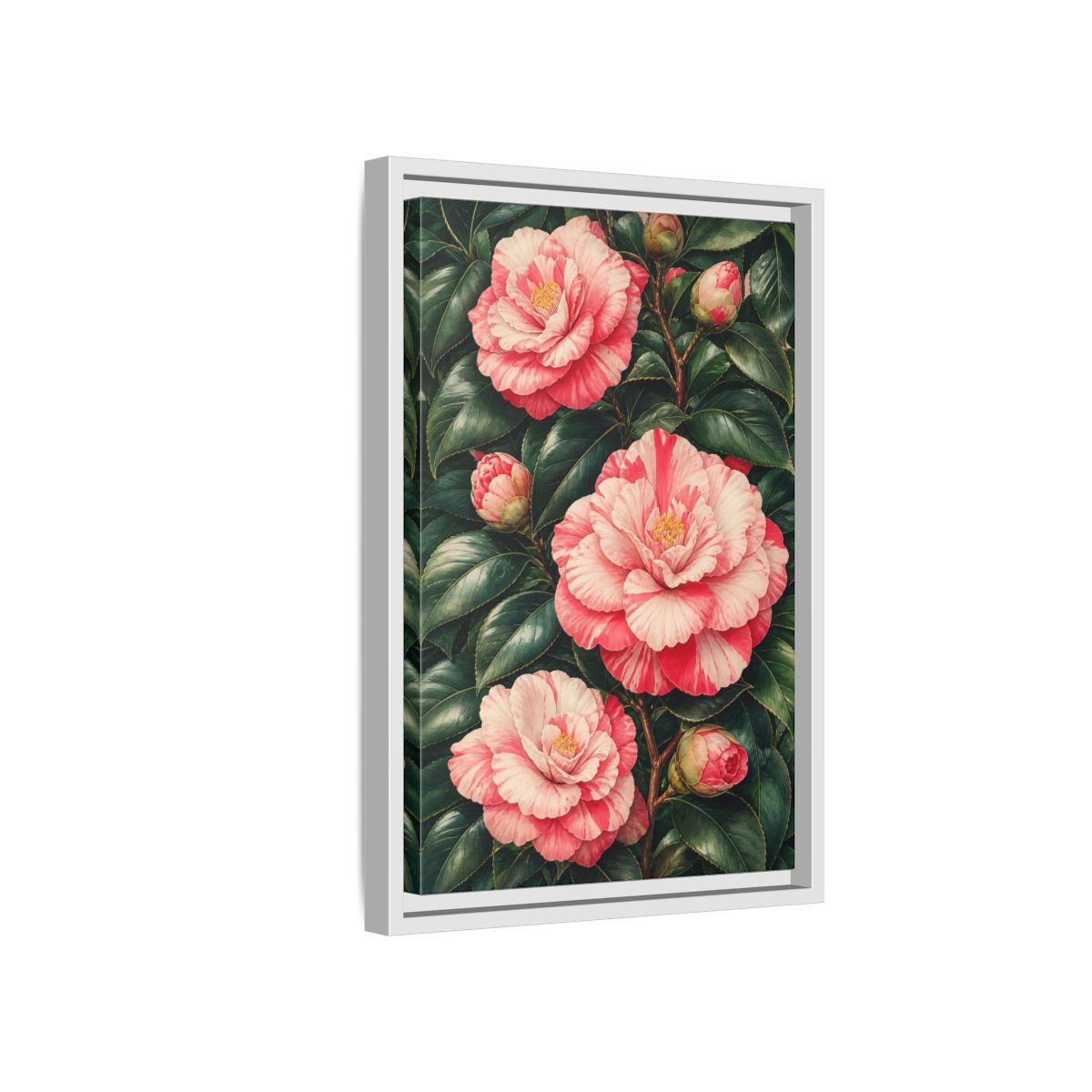 Side Mockup 4. Floral Camellia Pink Camellia shown as framed canvas print