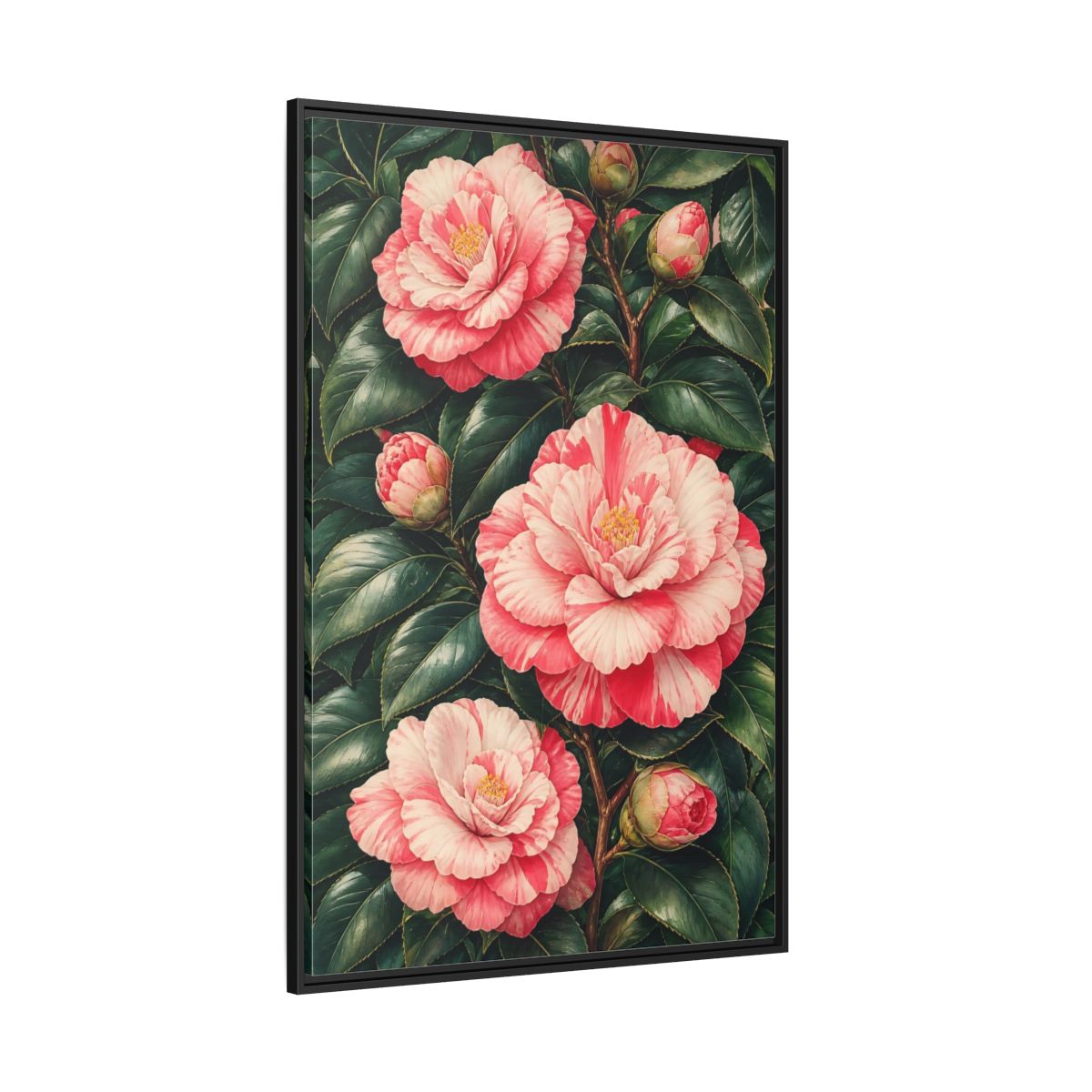 Side Mockup 12. Floral Camellia Pink Camellia shown as framed canvas print