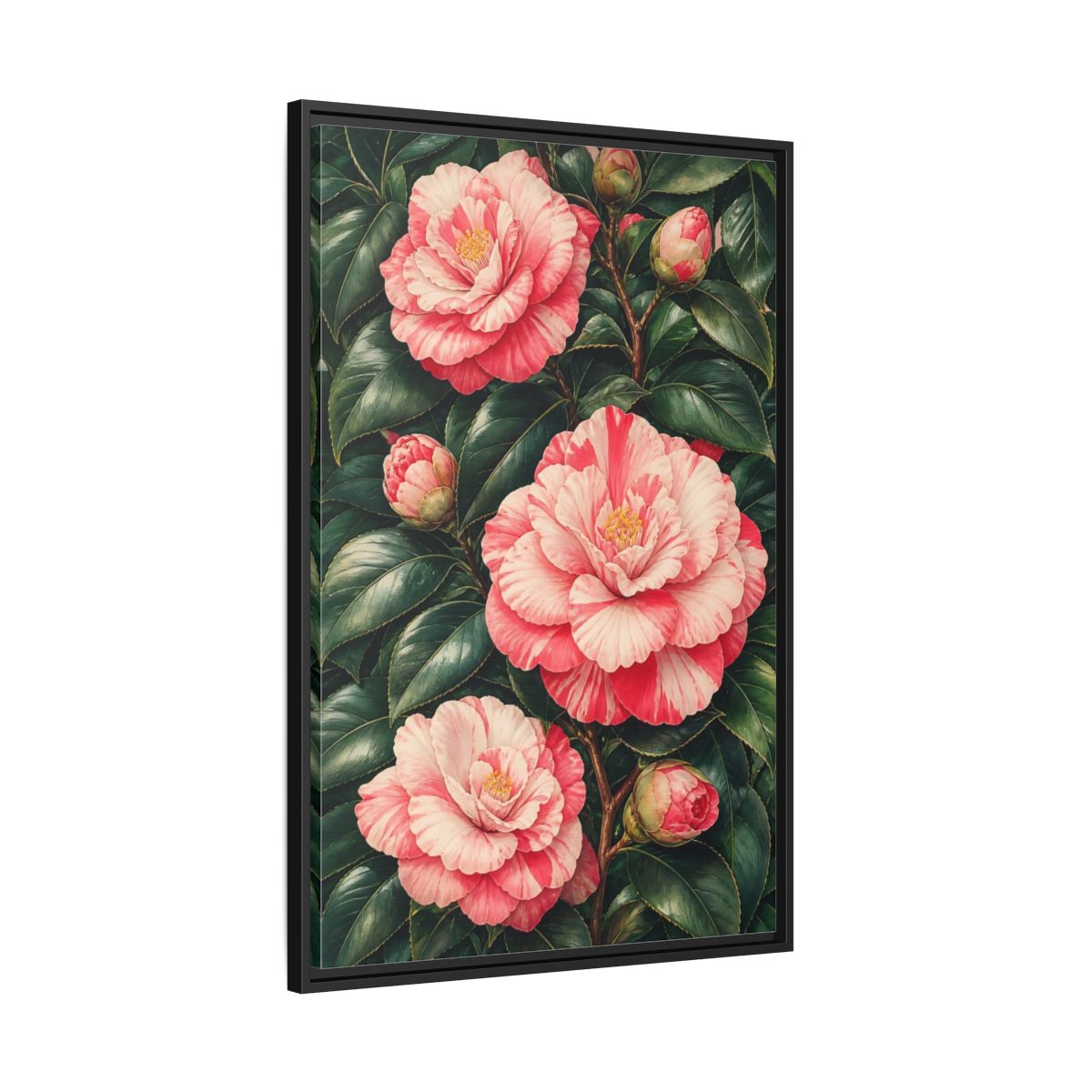 Side Mockup 13. Floral Camellia Pink Camellia shown as framed canvas print