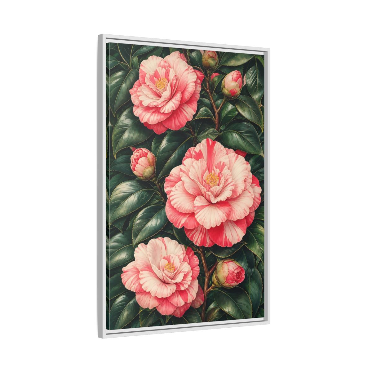 Side Mockup 9. Floral Camellia Pink Camellia shown as framed canvas print