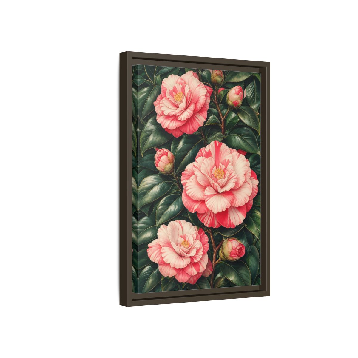 Side Mockup 5. Floral Camellia Pink Camellia shown as framed canvas print