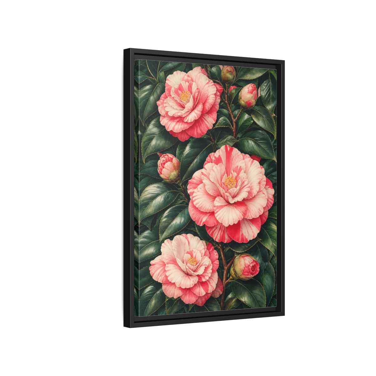 Side Mockup 3. Floral Camellia Pink Camellia shown as framed canvas print