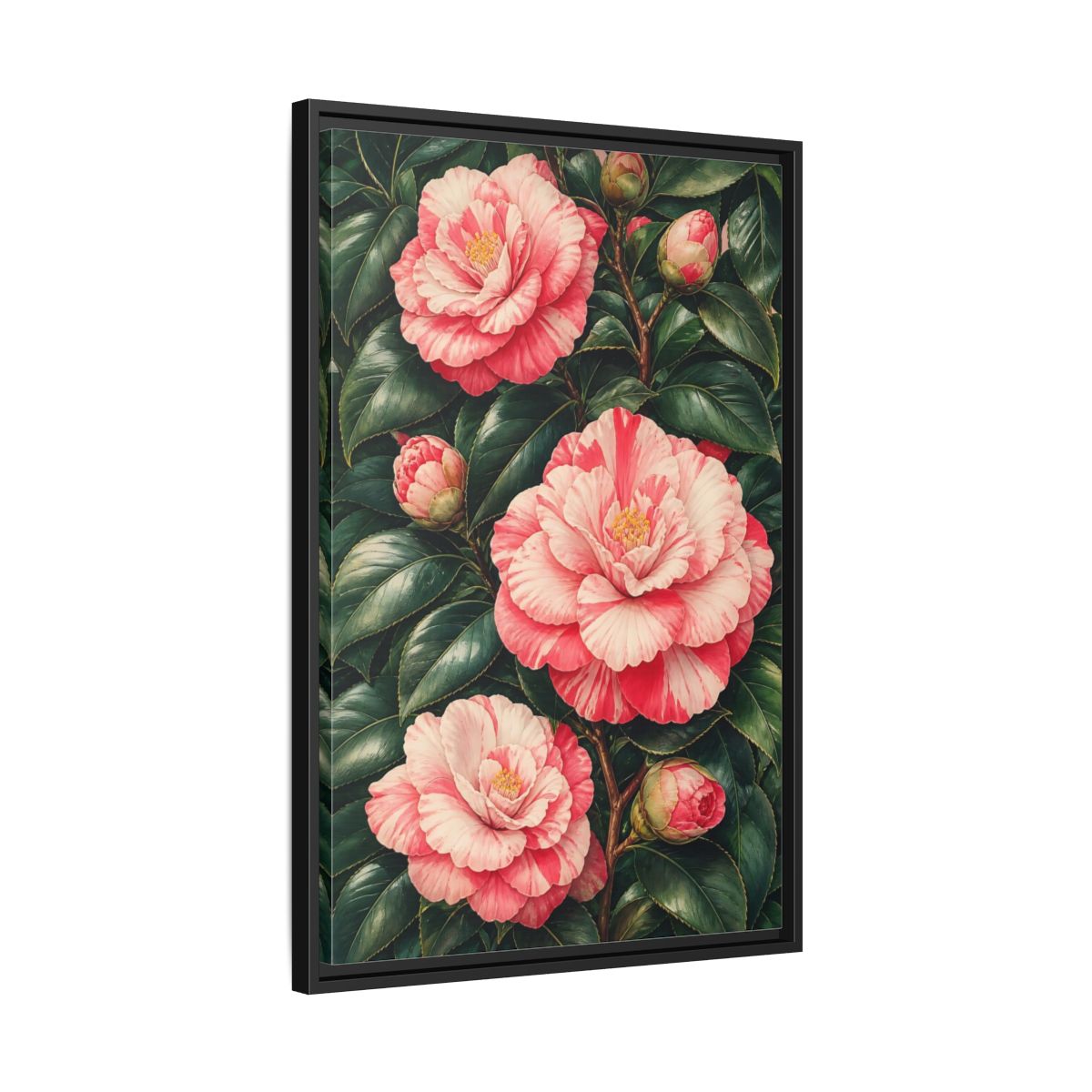 Side Mockup 14. Floral Camellia Pink Camellia shown as framed canvas print