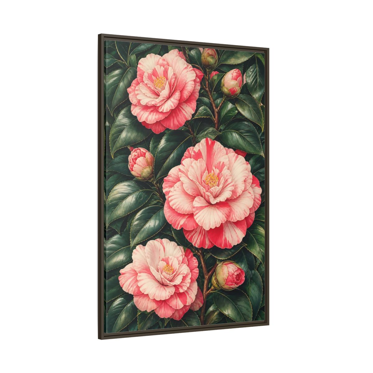 Side Mockup 8. Floral Camellia Pink Camellia shown as framed canvas print