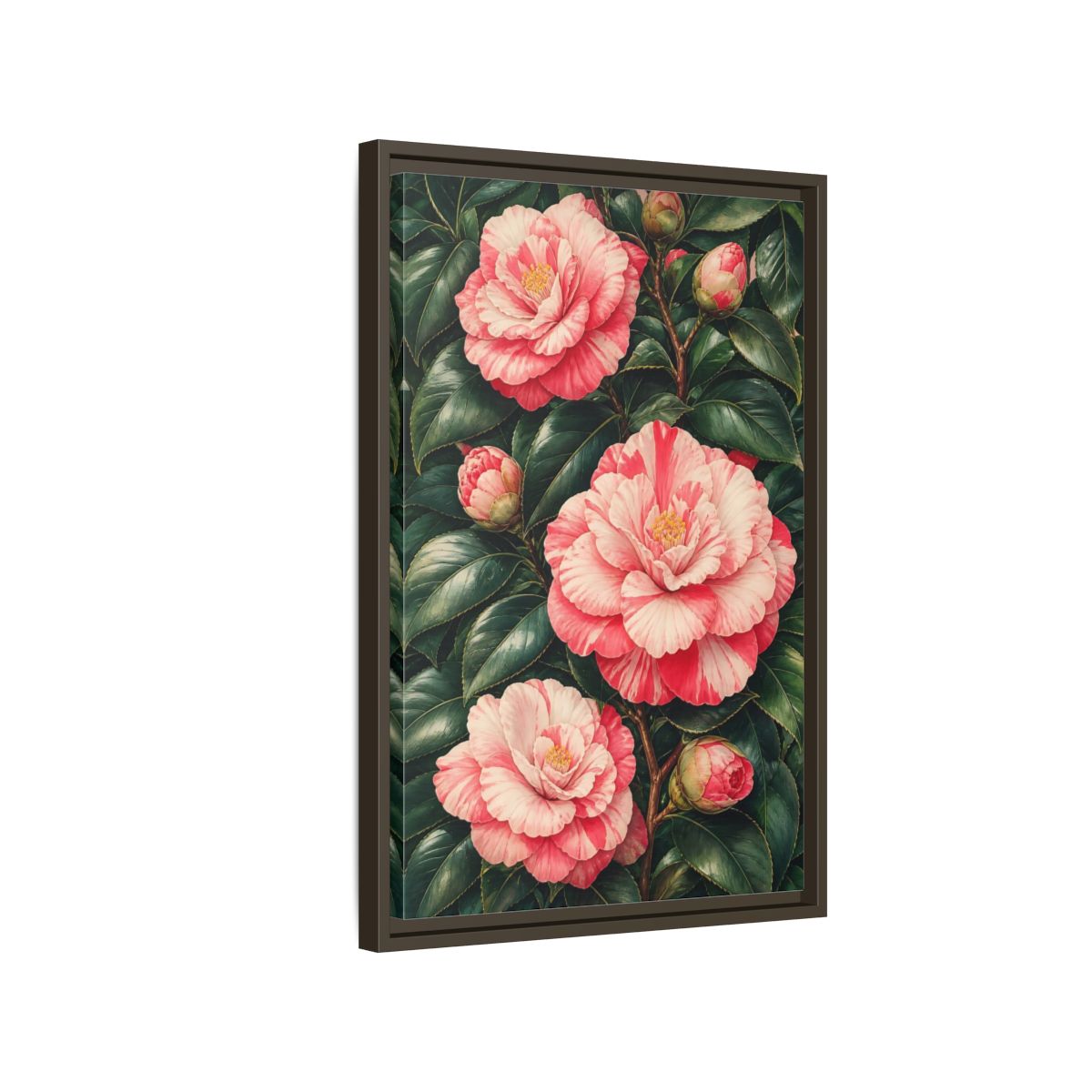 Side Mockup 2. Floral Camellia Pink Camellia shown as framed canvas print