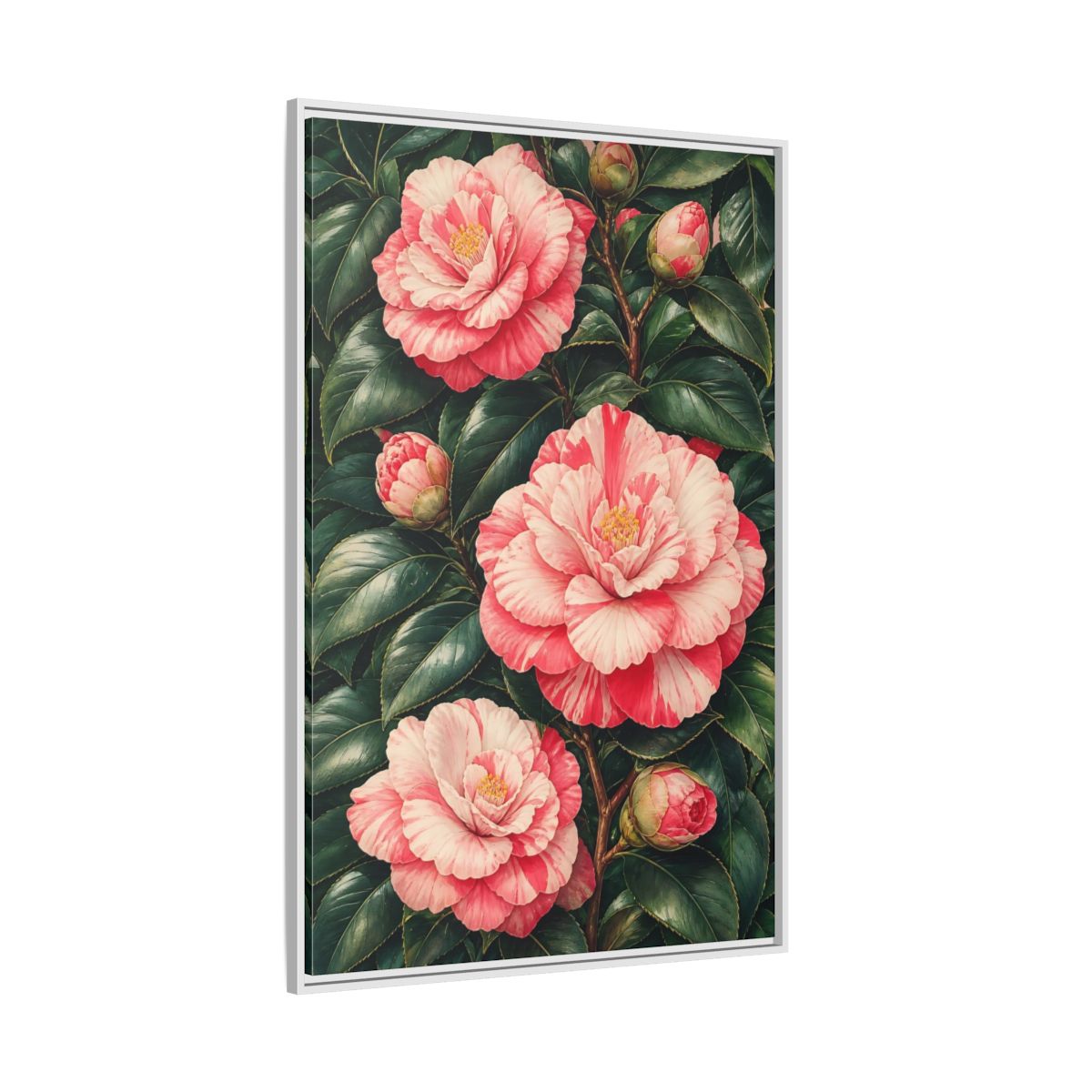 Side Mockup 7. Floral Camellia Pink Camellia shown as framed canvas print
