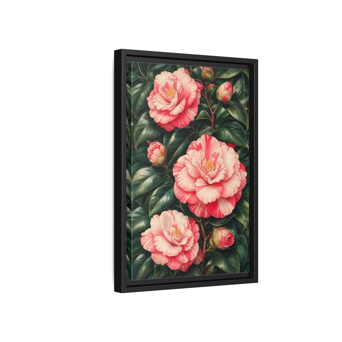 Side Mockup 6. Floral Camellia Pink Camellia shown as framed canvas print