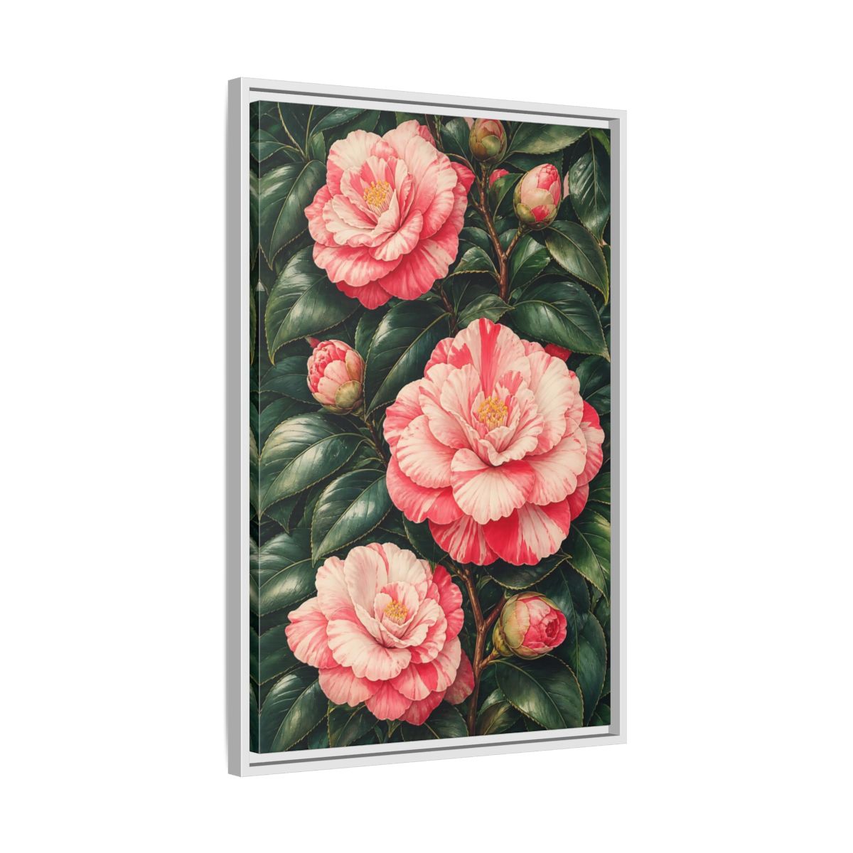Side Mockup 10. Floral Camellia Pink Camellia shown as framed canvas print