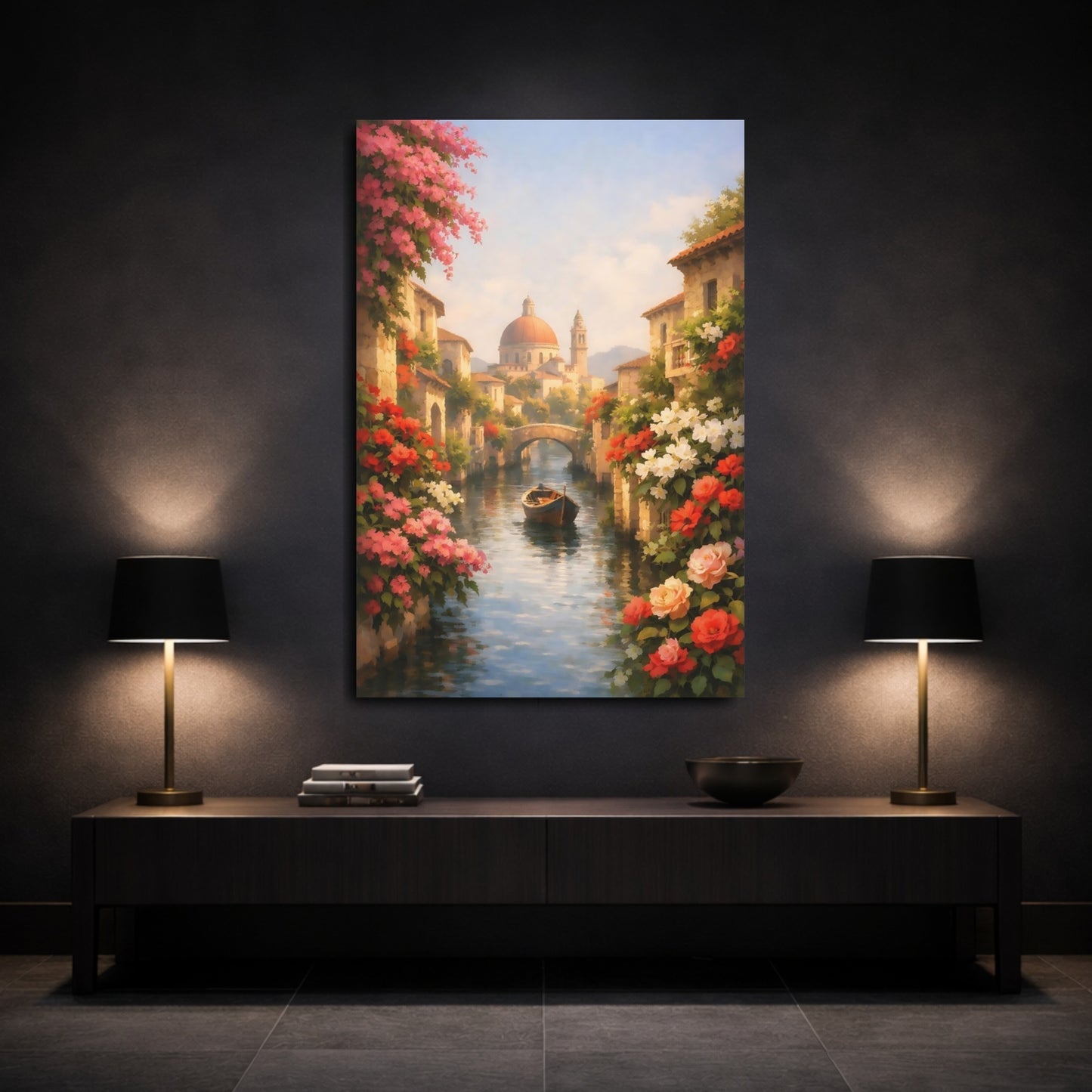 Mockup 2. Floral Canal Boat Pink And Blue Canal shown as stretched canvas wall art