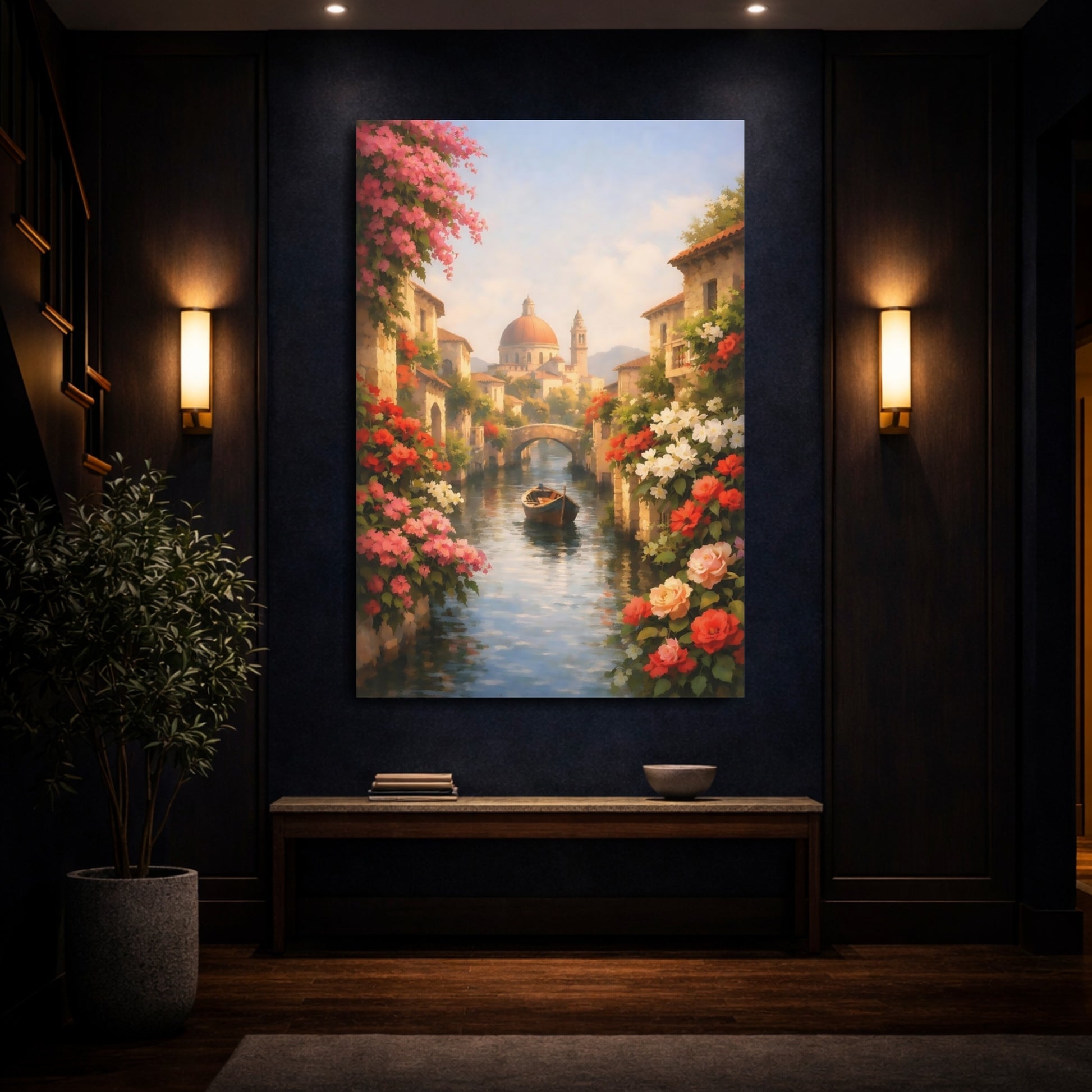 Mockup 3. Floral Canal Boat Pink And Blue Canal shown as stretched canvas wall art