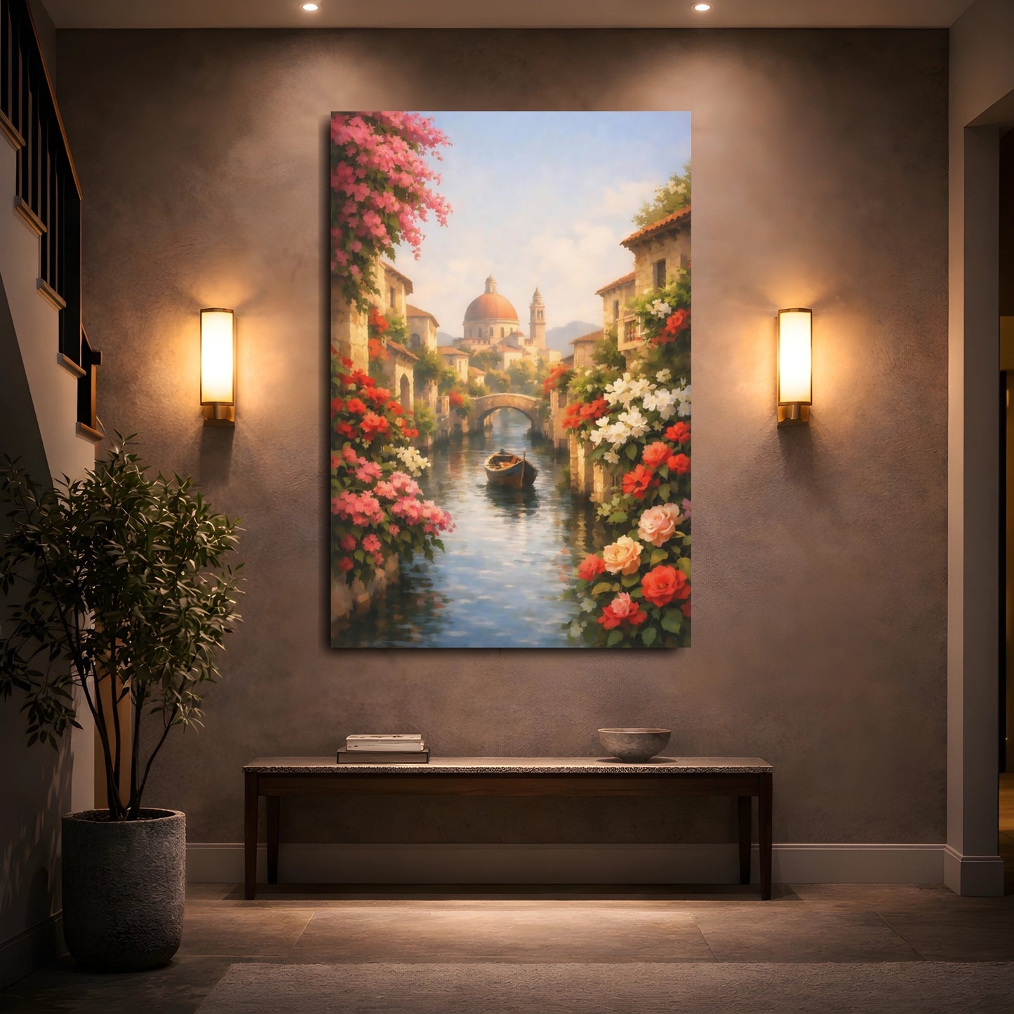 Mockup 4. Floral Canal Boat Pink And Blue Canal shown as stretched canvas wall art