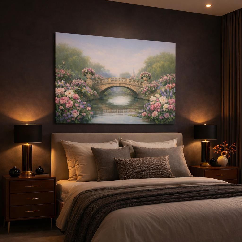 Floral Canal Bridge shown as canvas wall art in a luxury bedroom