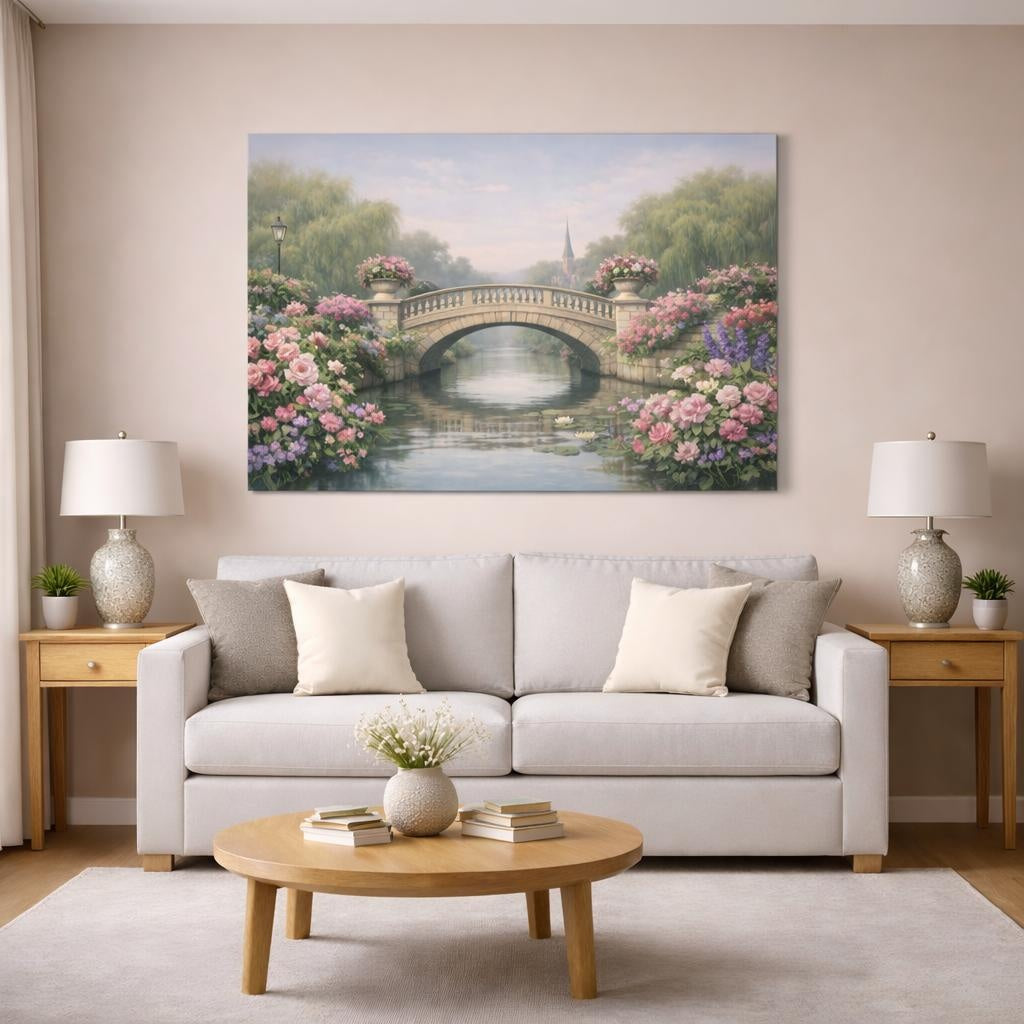 Floral Canal Bridge shown as canvas wall art in a modern living room