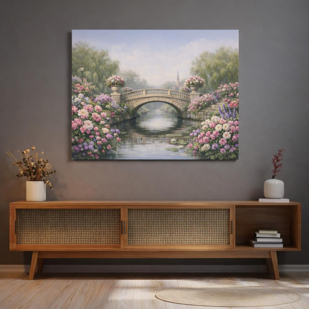 Floral Canal Bridge shown as canvas wall art in a refined dining room