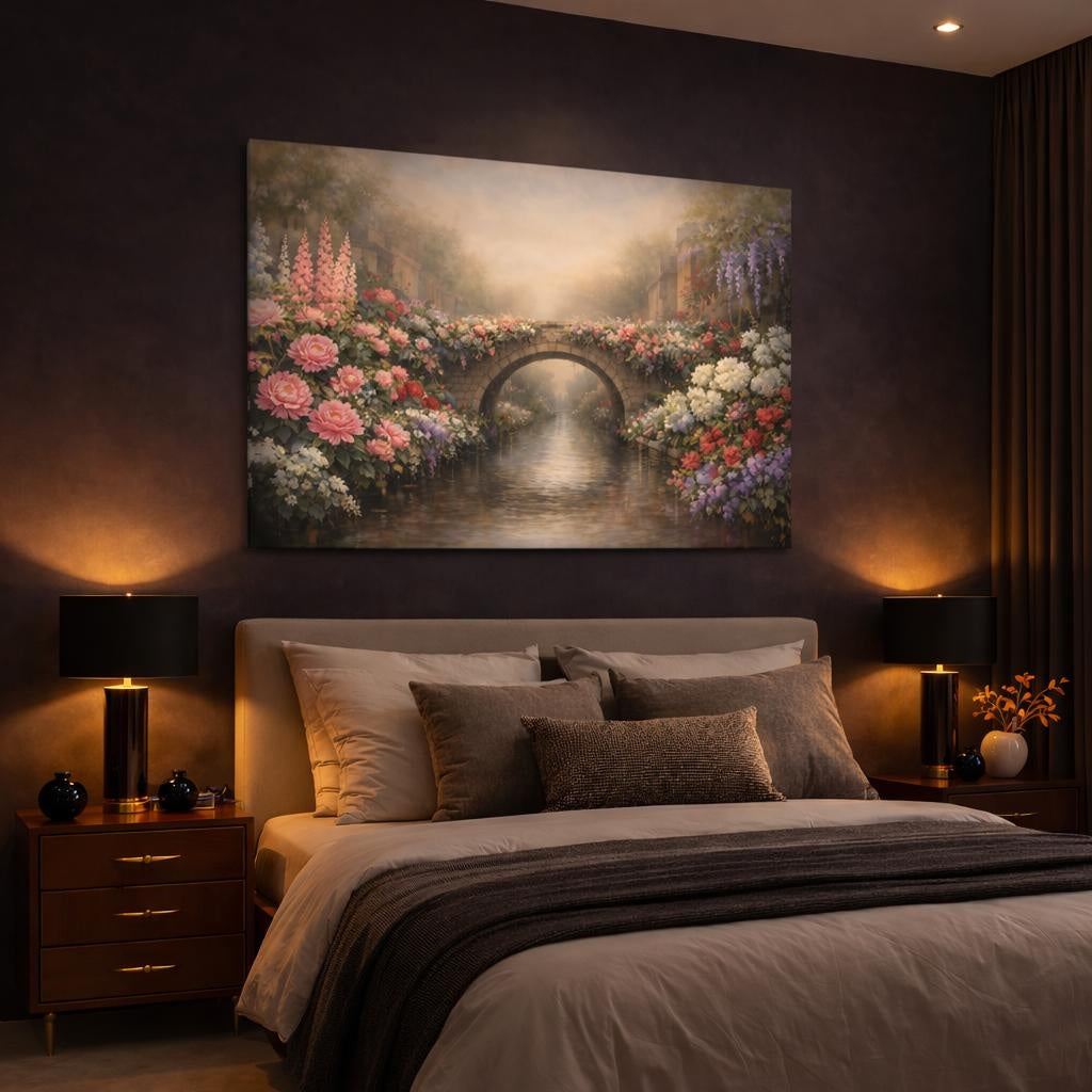 Floral Canal Street shown as canvas wall art in a luxury bedroom