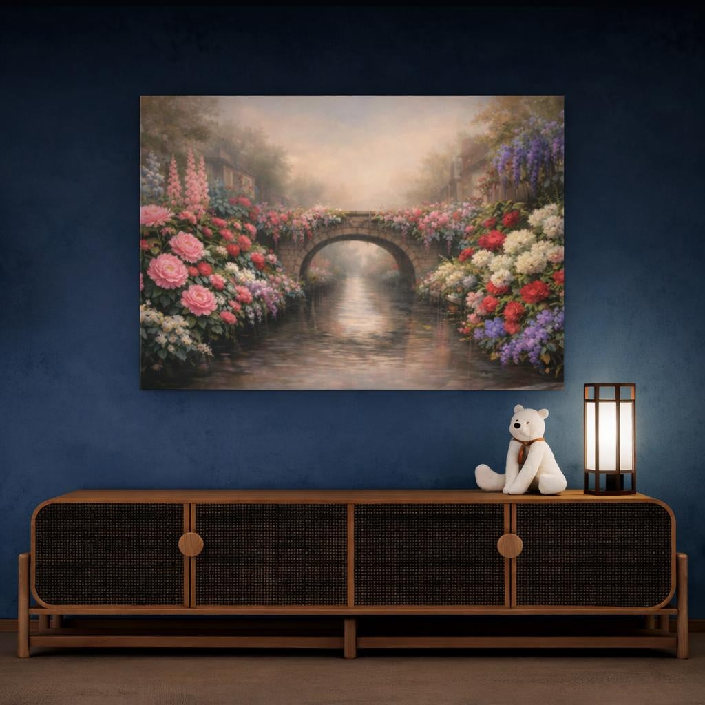 Floral Canal Street shown as canvas wall art in a refined dining room