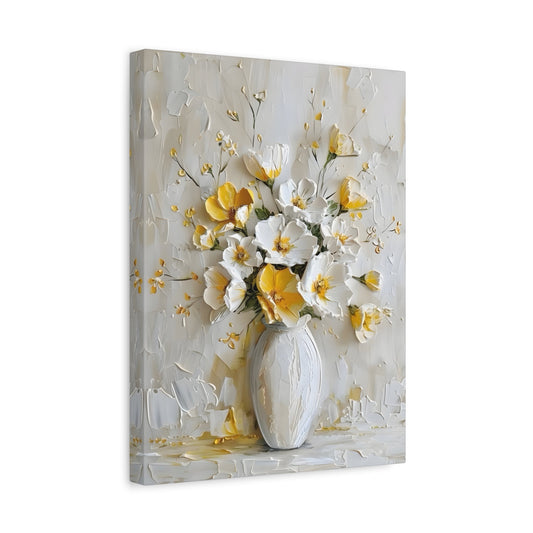 Floral Canvas Yellow White Vintage Flowers Wall Art Print - YesArtYes