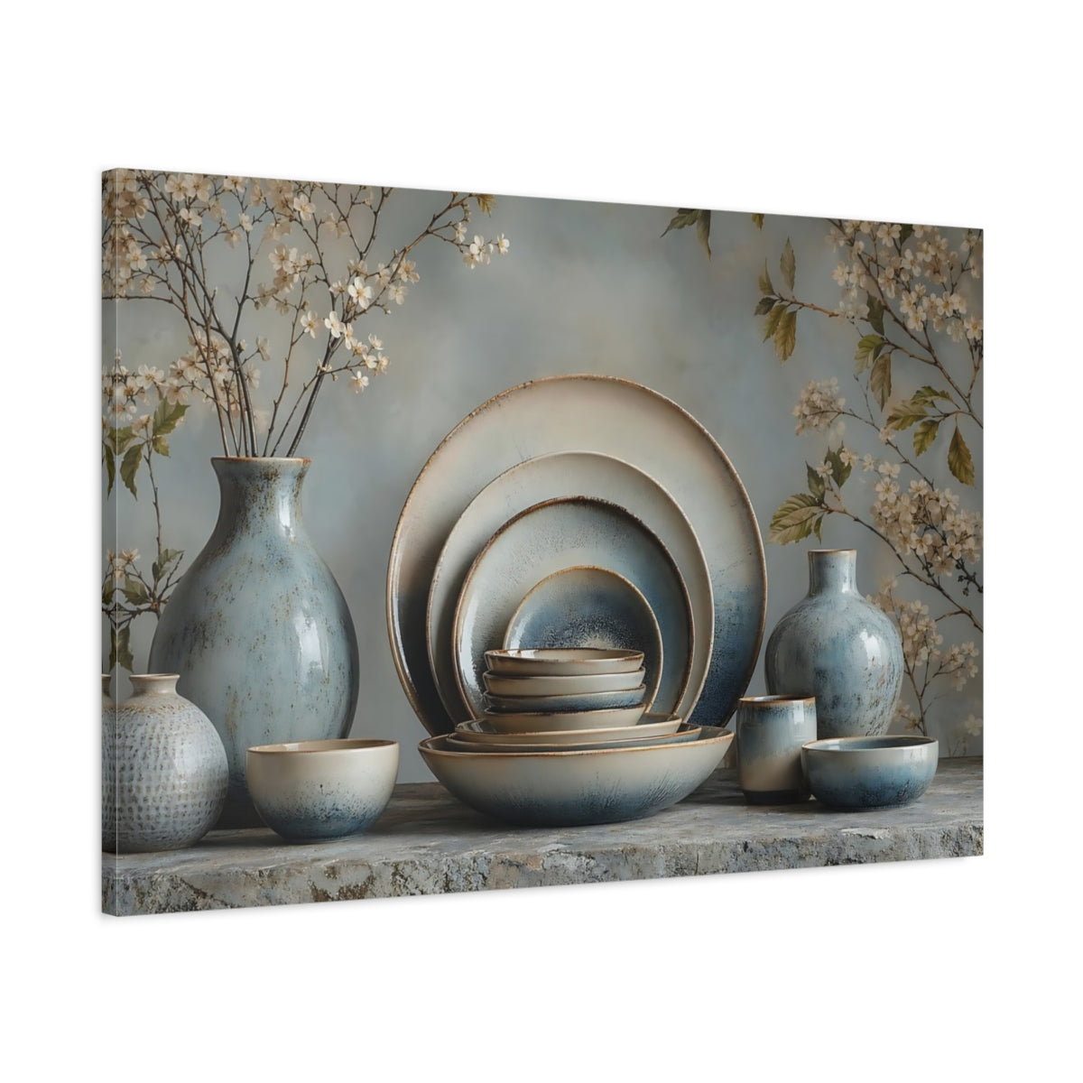 Main Mockup. Floral Ceramic Pottery Blue And Beige shown as stretched canvas wall art
