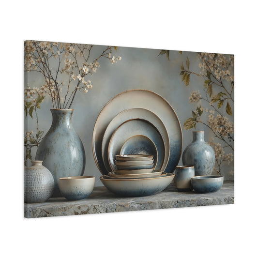 Main Mockup. Floral Ceramic Pottery Blue And Beige shown as stretched canvas wall art