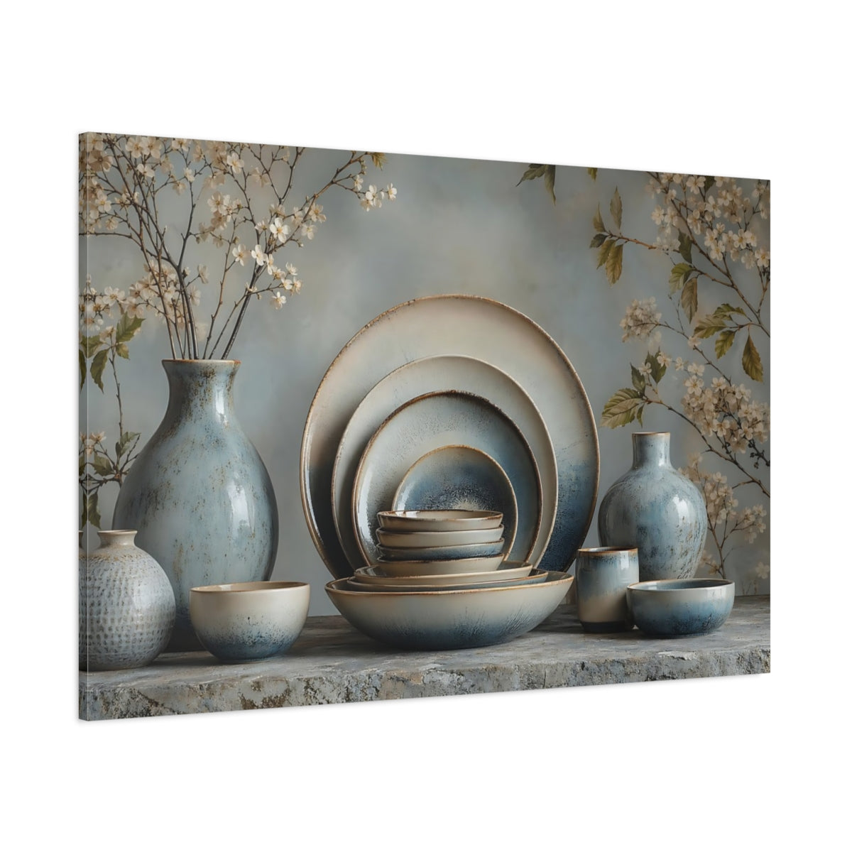 Side Mockup 1. Floral Ceramic Pottery Blue And Beige shown as stretched canvas wall art