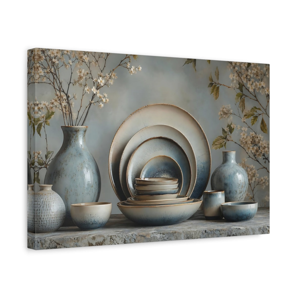 Side Mockup 4. Floral Ceramic Pottery Blue And Beige shown as stretched canvas wall art