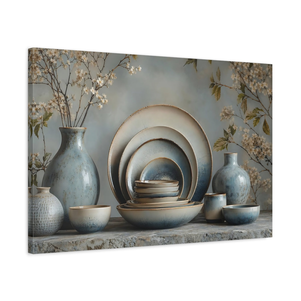 Side Mockup 2. Floral Ceramic Pottery Blue And Beige shown as stretched canvas wall art