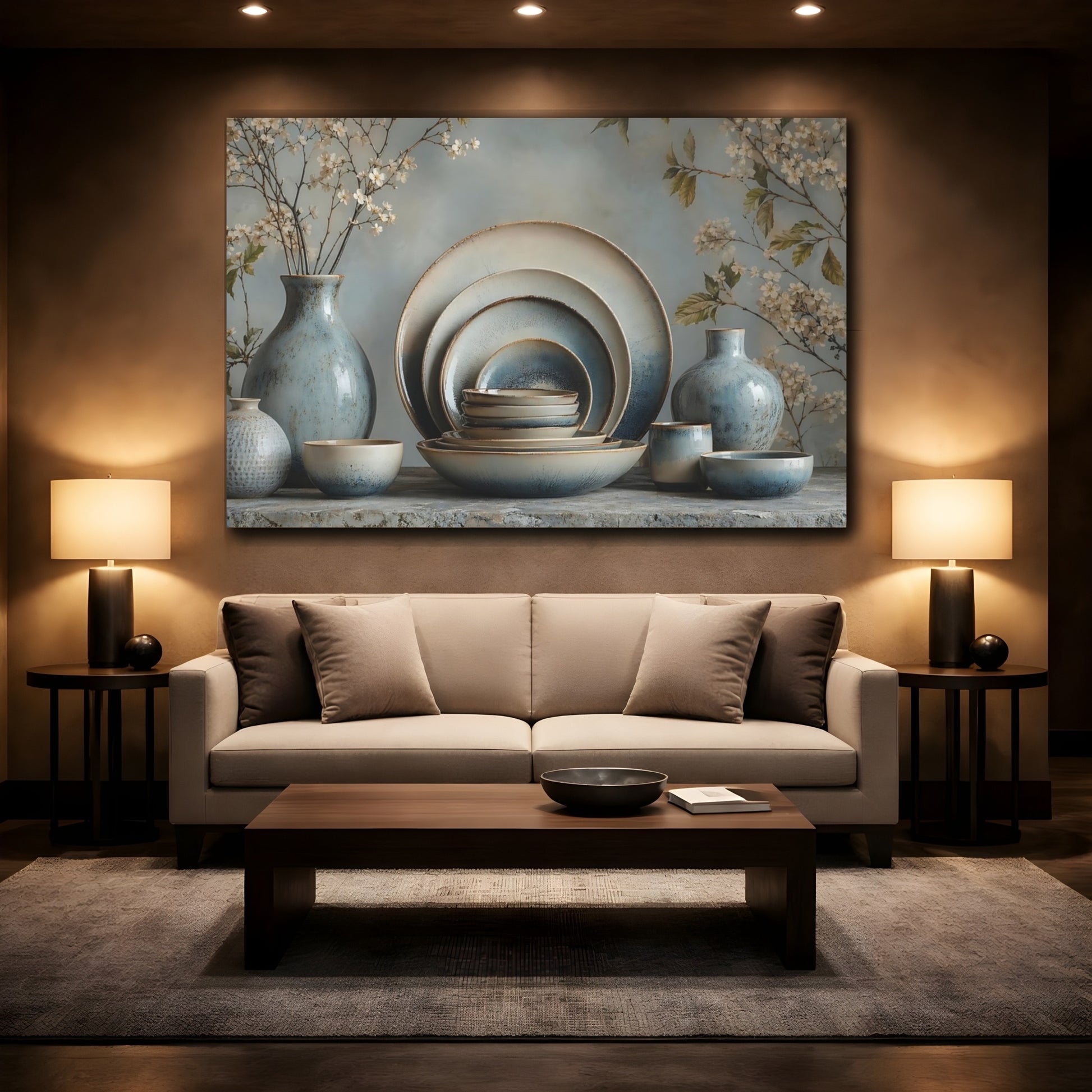 Mockup 2. Floral Ceramic Pottery Blue And Beige shown as stretched canvas wall art