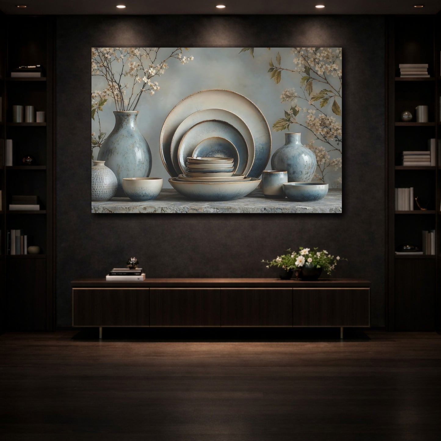 Mockup 3. Floral Ceramic Pottery Blue And Beige shown as stretched canvas wall art