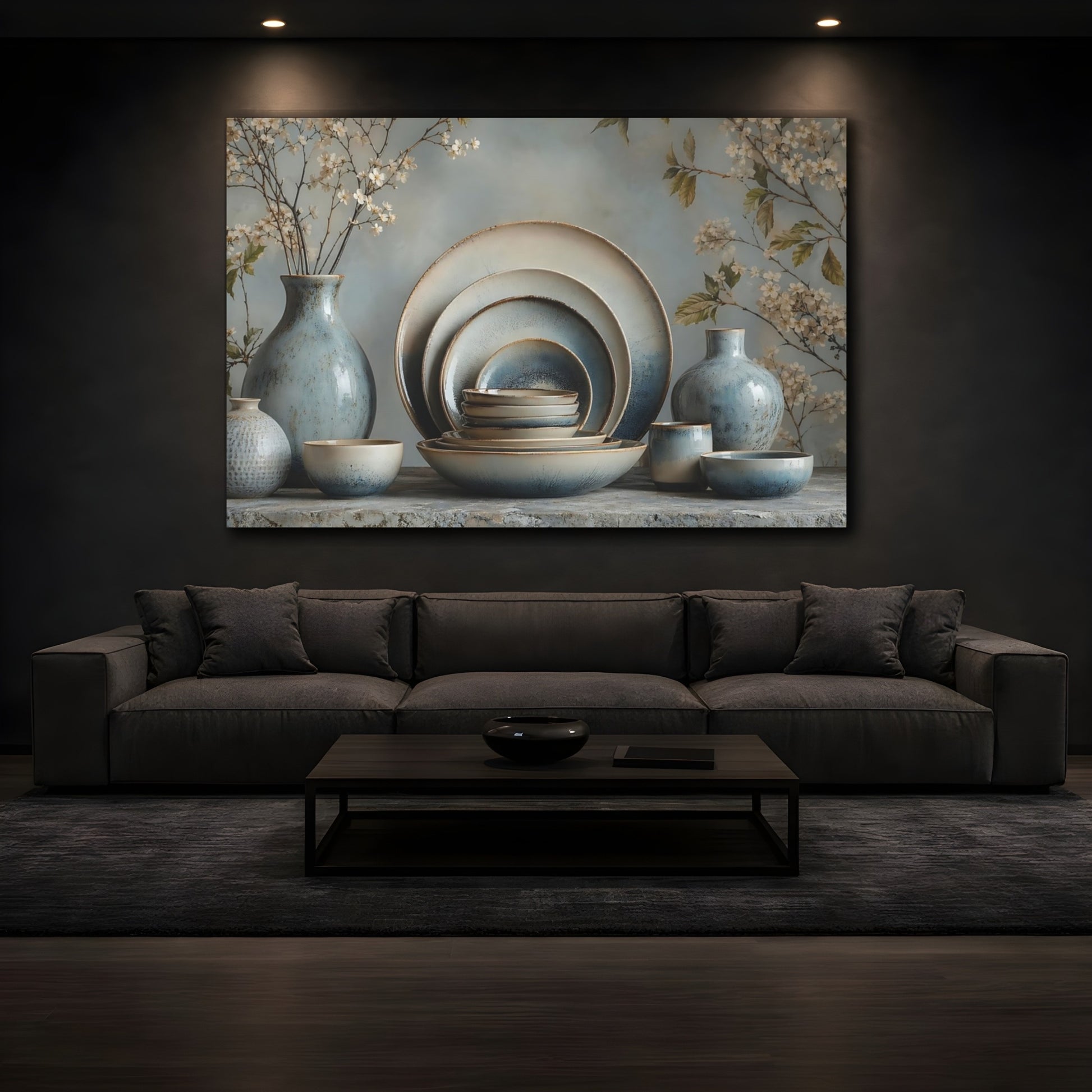 Mockup 4. Floral Ceramic Pottery Blue And Beige shown as stretched canvas wall art