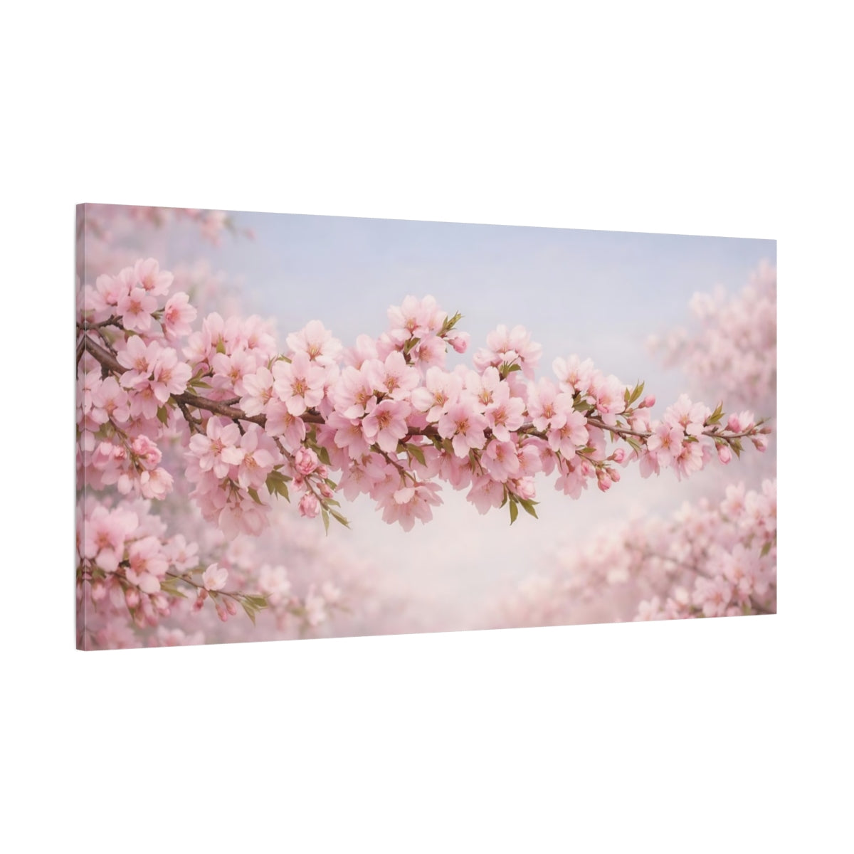 Main Mockup. Floral Cherry Blossom Pink And Blue shown as stretched canvas wall art