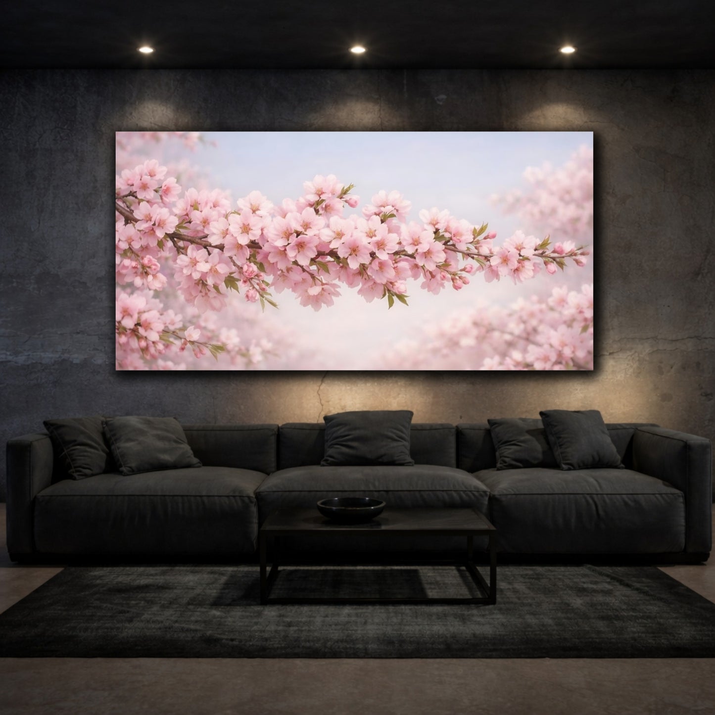 Mockup 2. Floral Cherry Blossom Pink And Blue shown as stretched canvas wall art