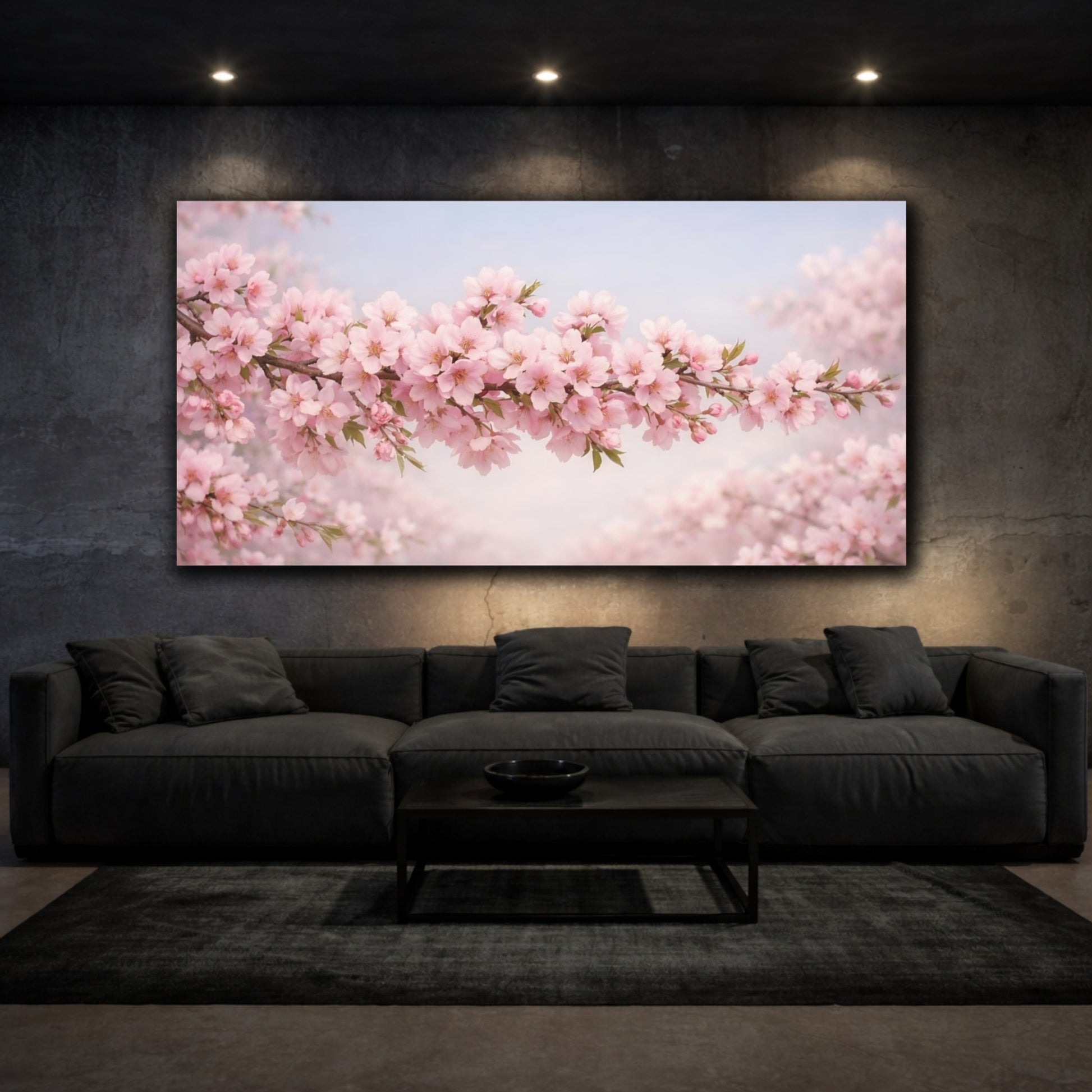 Mockup 2. Floral Cherry Blossom Pink And Blue shown as stretched canvas wall art