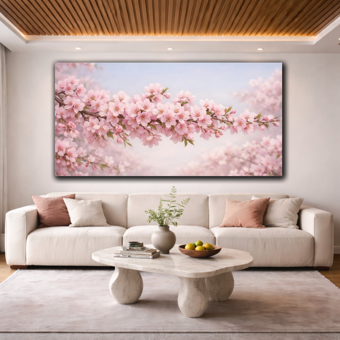 Mockup 3. Floral Cherry Blossom Pink And Blue shown as stretched canvas wall art