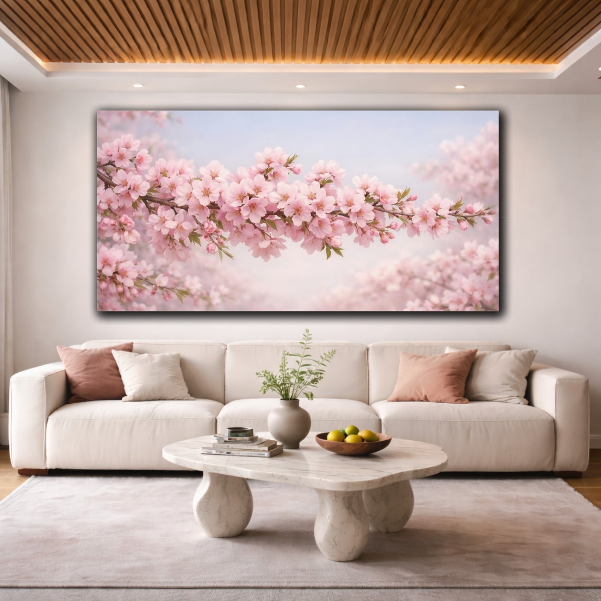 Mockup 3. Floral Cherry Blossom Pink And Blue shown as stretched canvas wall art