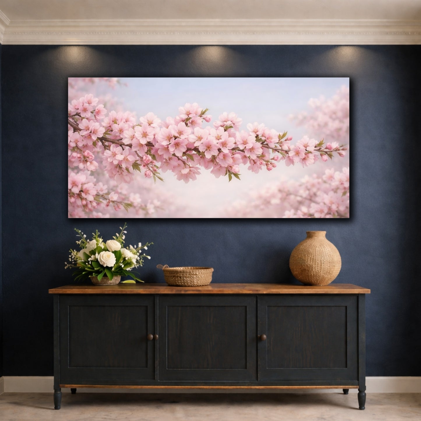 Mockup 4. Floral Cherry Blossom Pink And Blue shown as stretched canvas wall art