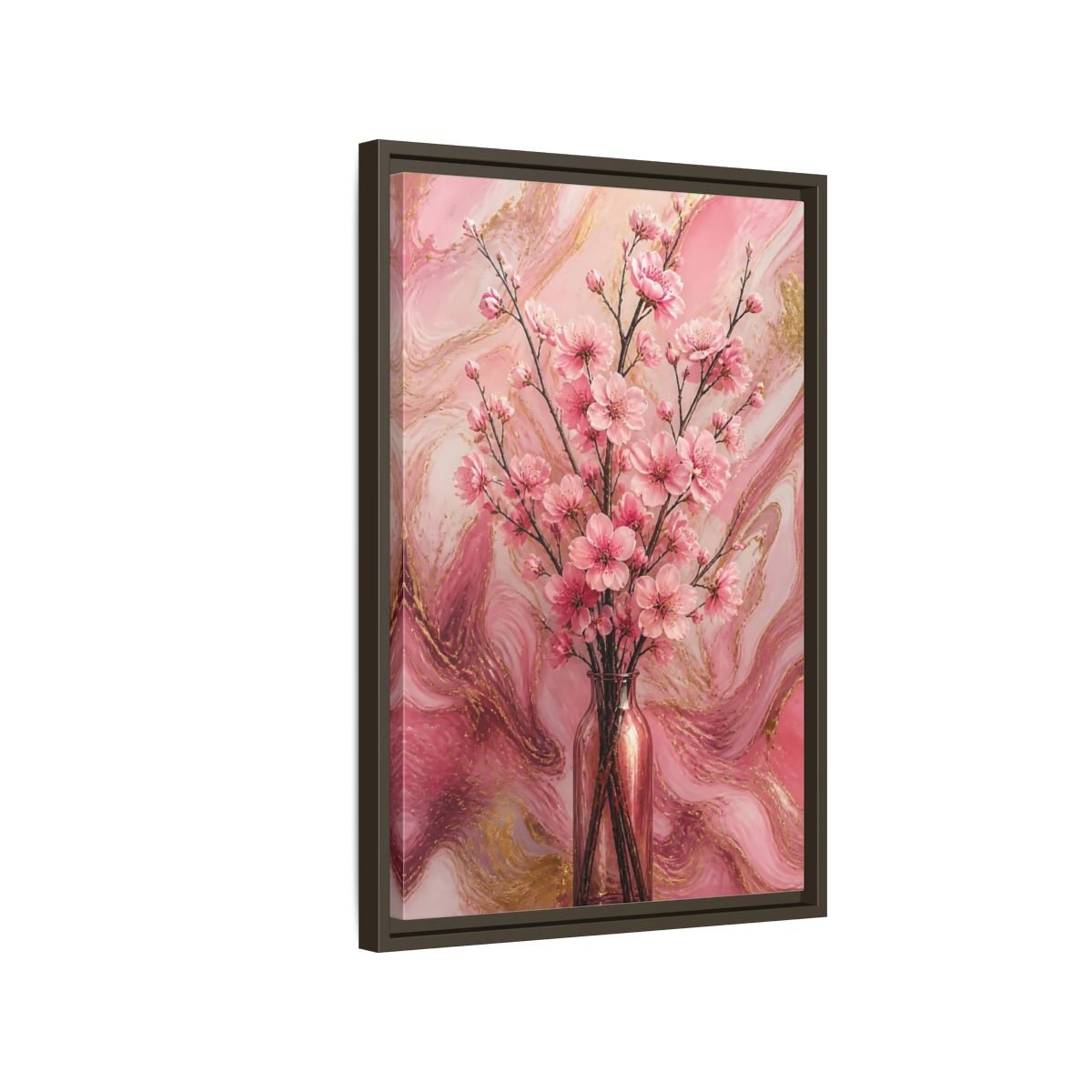 Floral Cherry Blossom Pink And Gold Framed Canvas Print – Living Room, Above Fireplace - YesArtYes