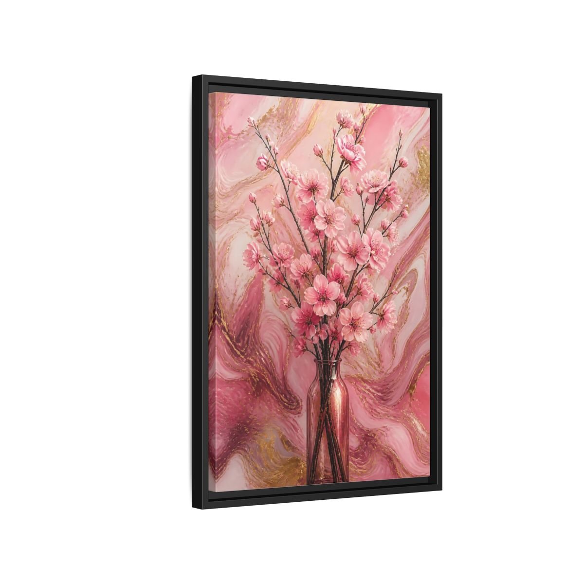 Floral Cherry Blossom Pink And Gold Framed Canvas Print – Living Room, Above Fireplace - YesArtYes