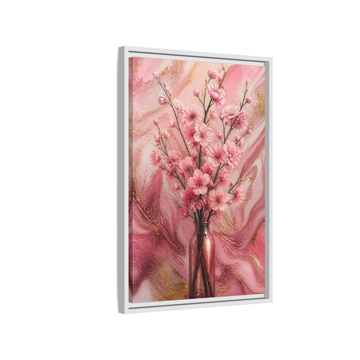 Floral Cherry Blossom Pink And Gold Framed Canvas Print – Living Room, Above Fireplace - YesArtYes