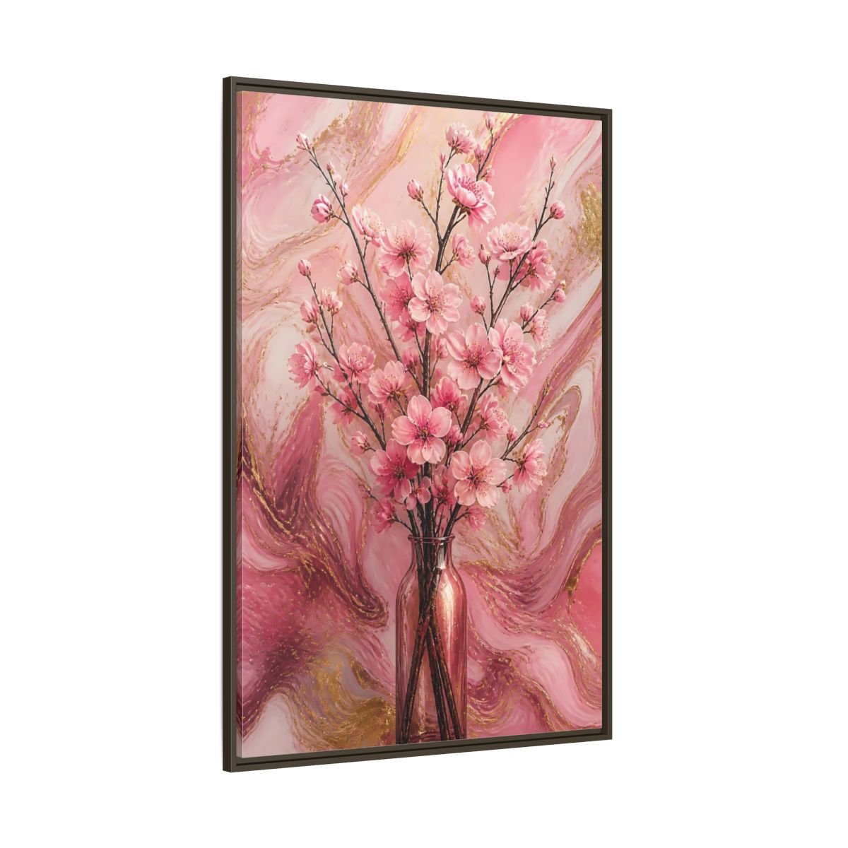 Floral Cherry Blossom Pink And Gold Framed Canvas Print – Living Room, Above Fireplace - YesArtYes