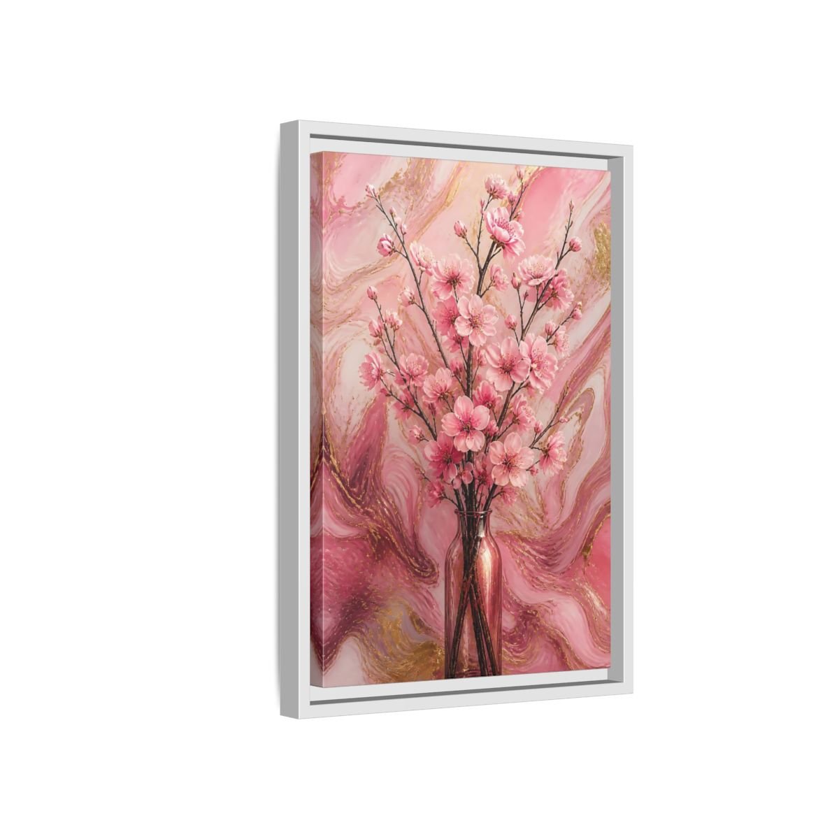 Floral Cherry Blossom Pink And Gold Framed Canvas Print – Living Room, Above Fireplace - YesArtYes