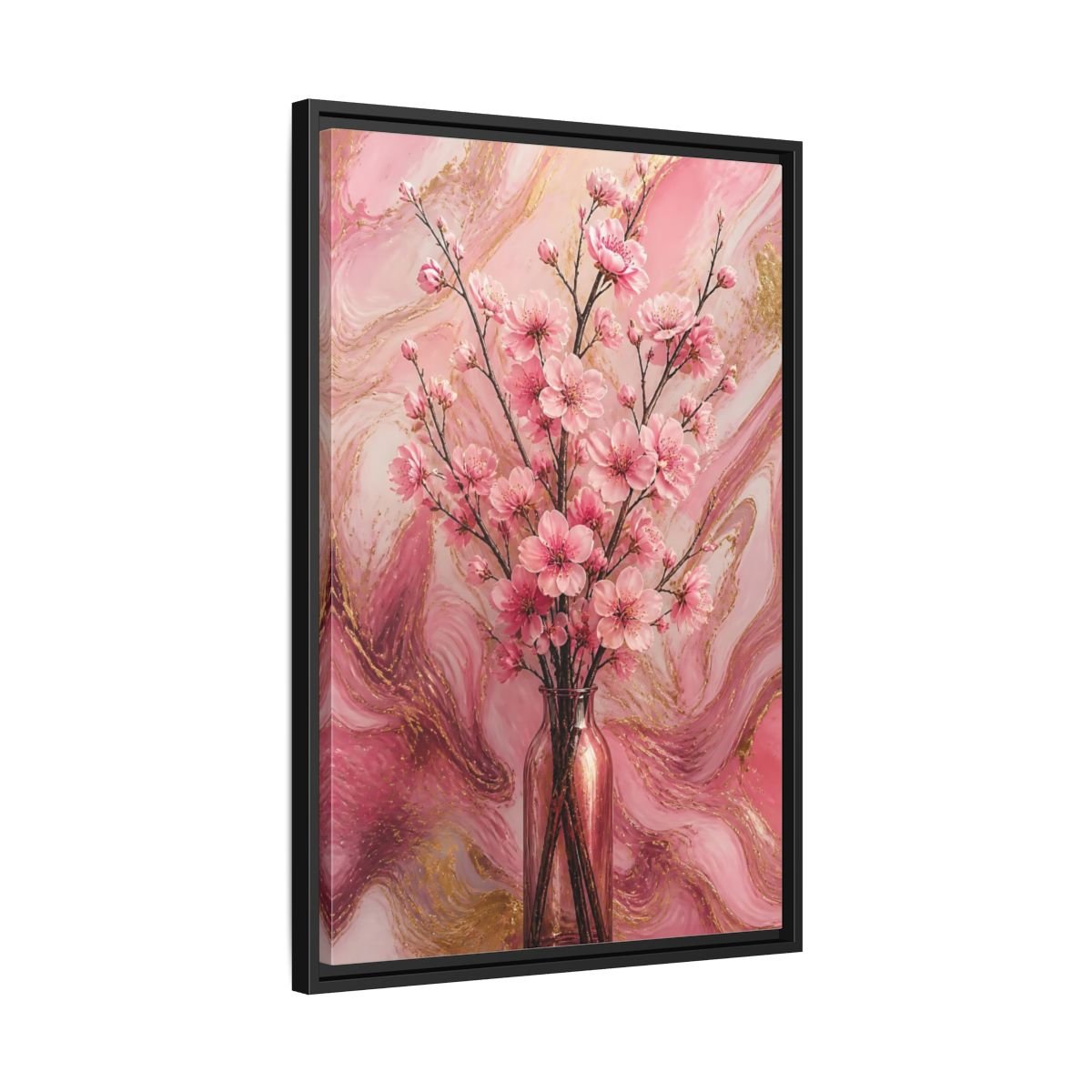 Floral Cherry Blossom Pink And Gold Framed Canvas Print – Living Room, Above Fireplace - YesArtYes