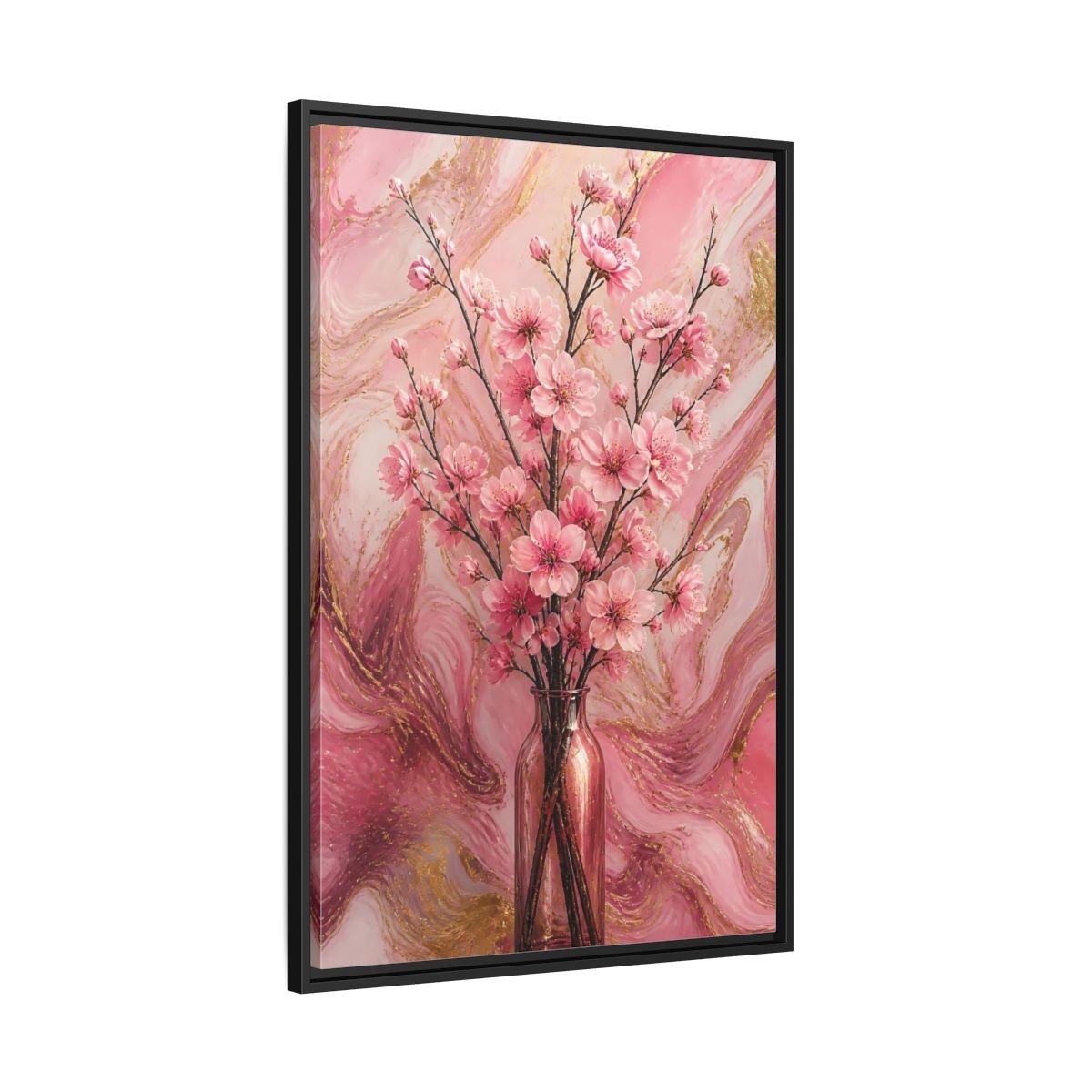 Floral Cherry Blossom Pink And Gold Framed Canvas Print – Living Room, Above Fireplace - YesArtYes