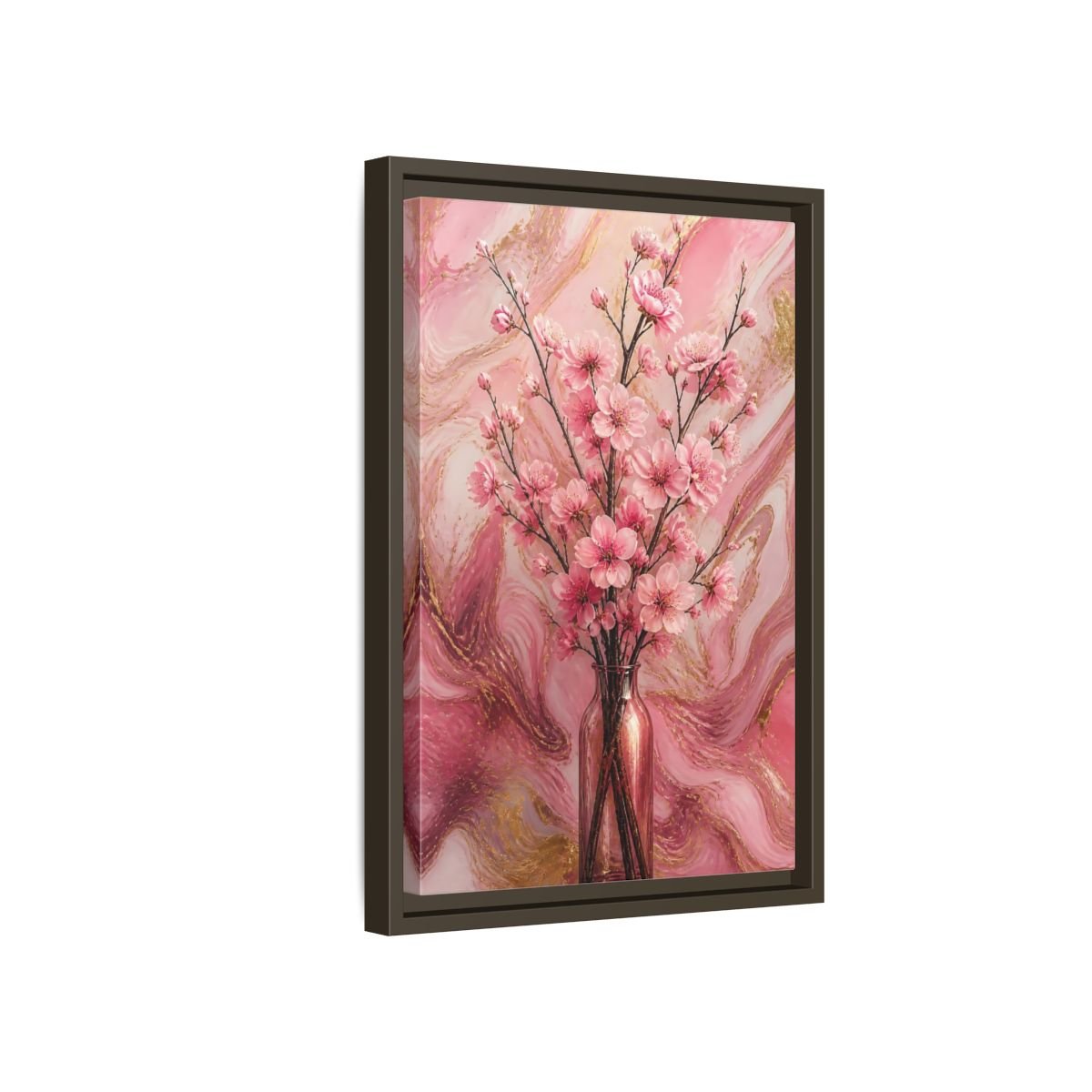 Floral Cherry Blossom Pink And Gold Framed Canvas Print – Living Room, Above Fireplace - YesArtYes