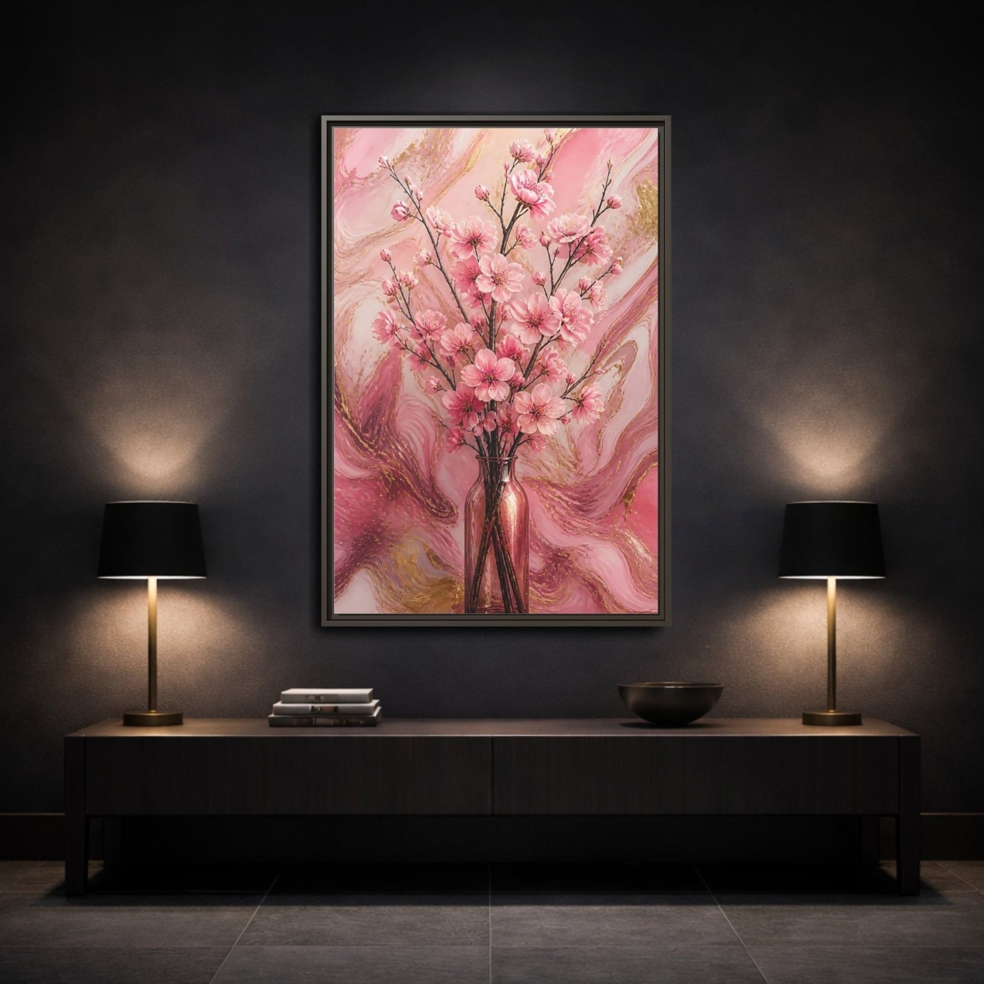 Floral Cherry Blossom Pink And Gold Framed Canvas Print – Living Room, Above Fireplace - YesArtYes