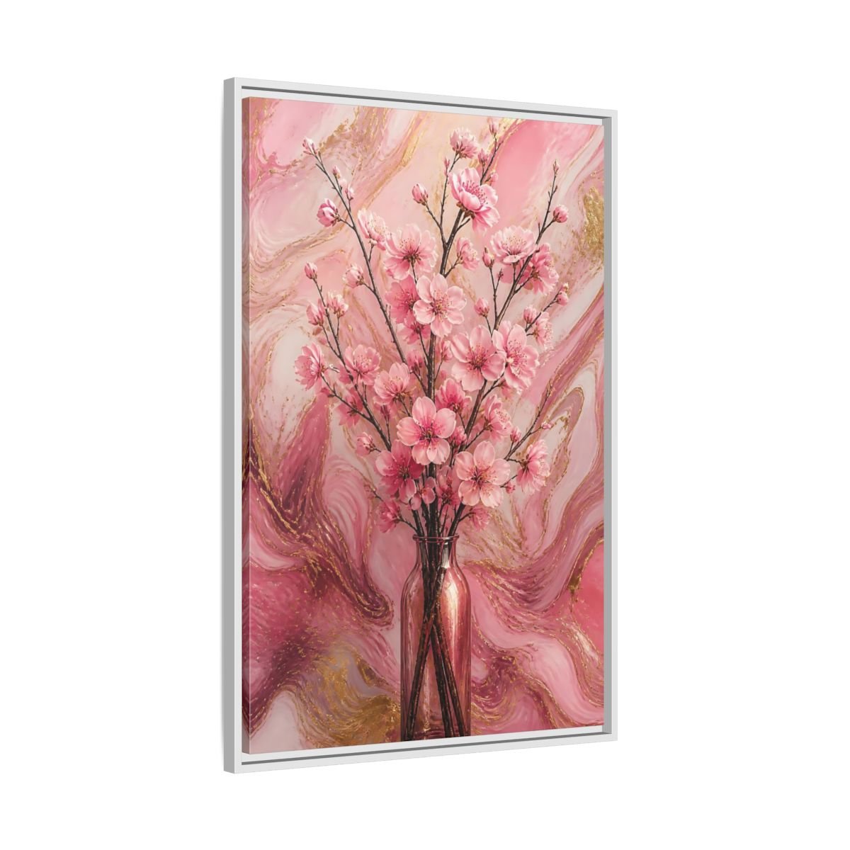 Floral Cherry Blossom Pink And Gold Framed Canvas Print – Living Room, Above Fireplace - YesArtYes