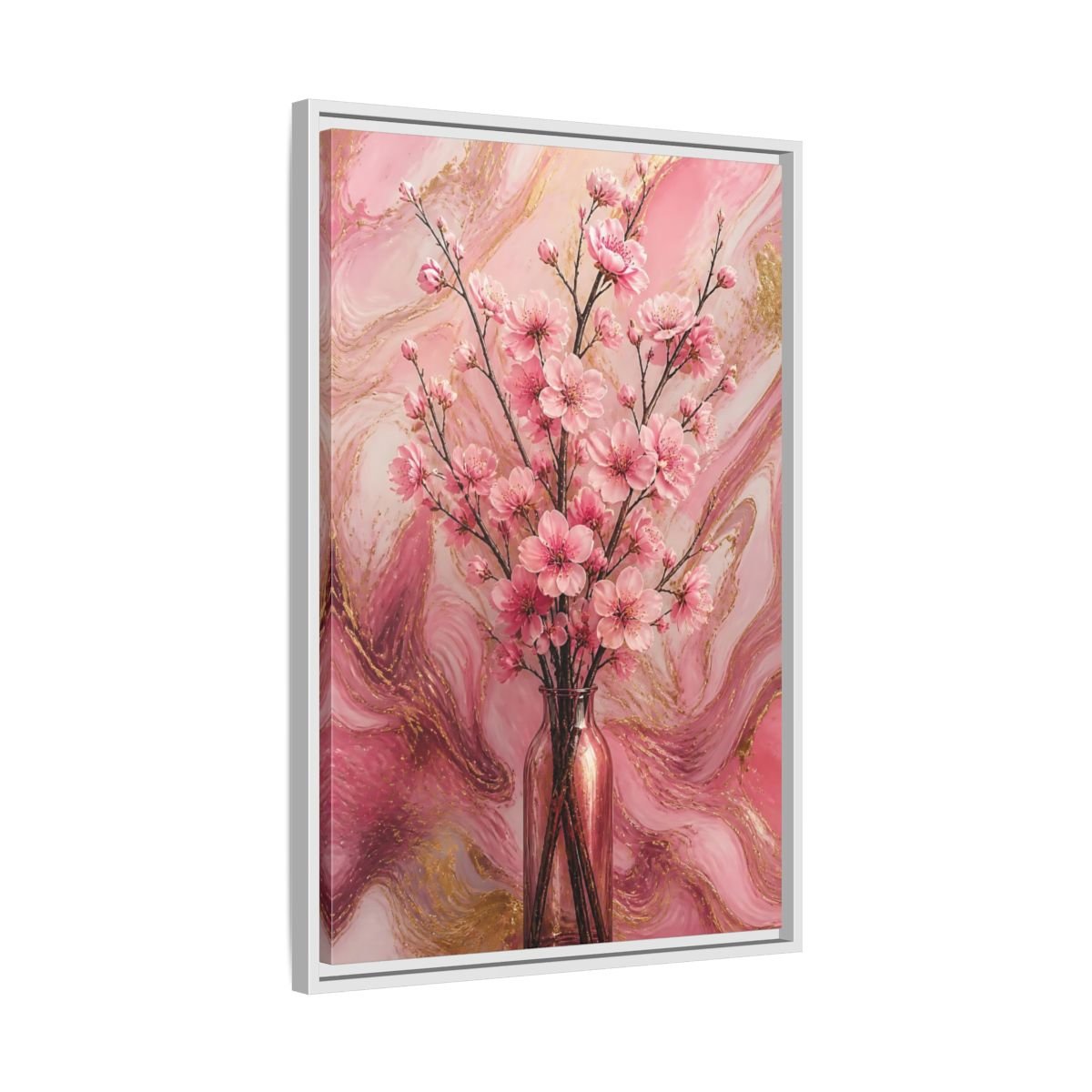 Floral Cherry Blossom Pink And Gold Framed Canvas Print – Living Room, Above Fireplace - YesArtYes