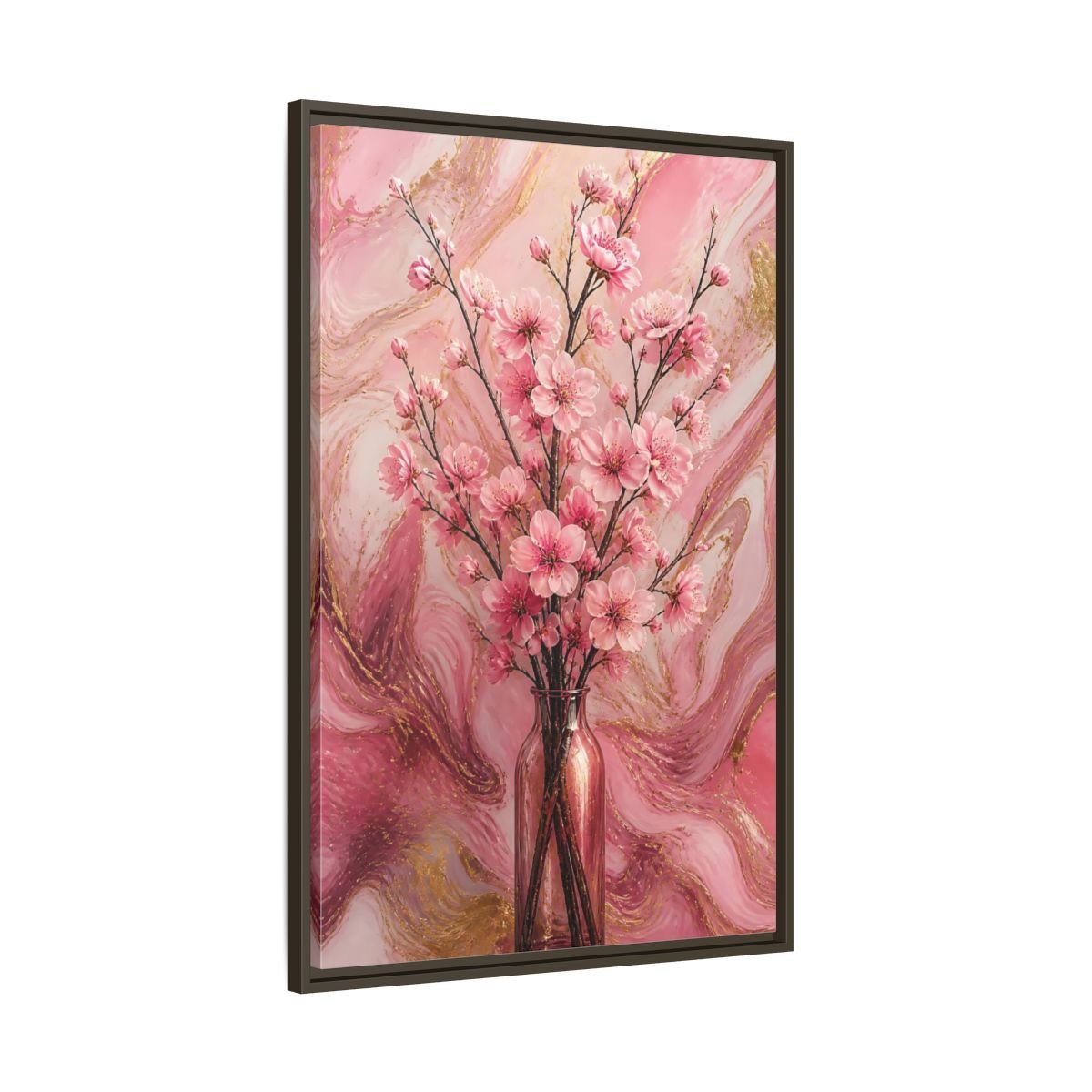 Floral Cherry Blossom Pink And Gold Framed Canvas Print – Living Room, Above Fireplace - YesArtYes