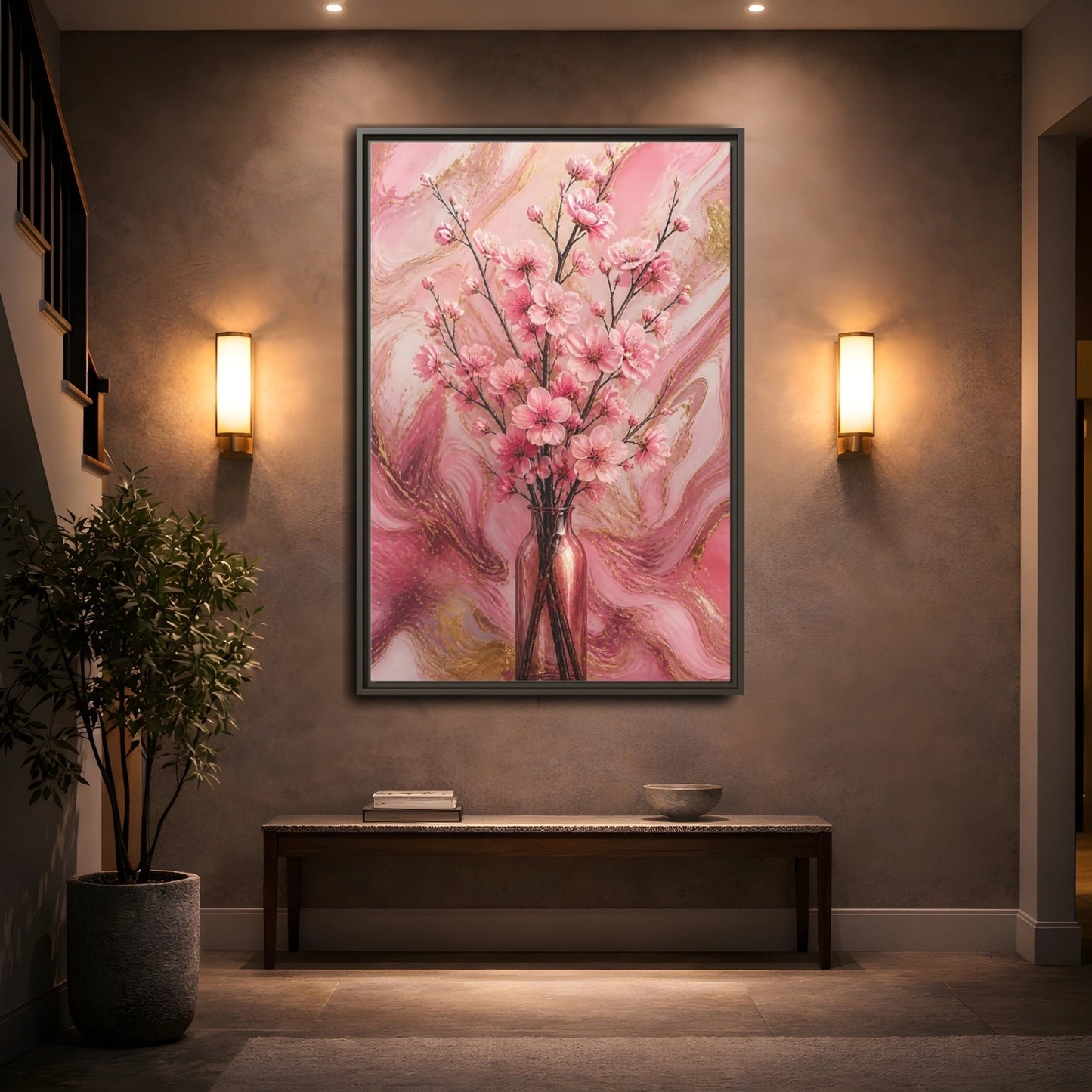 Floral Cherry Blossom Pink And Gold Framed Canvas Print – Living Room, Above Fireplace - YesArtYes