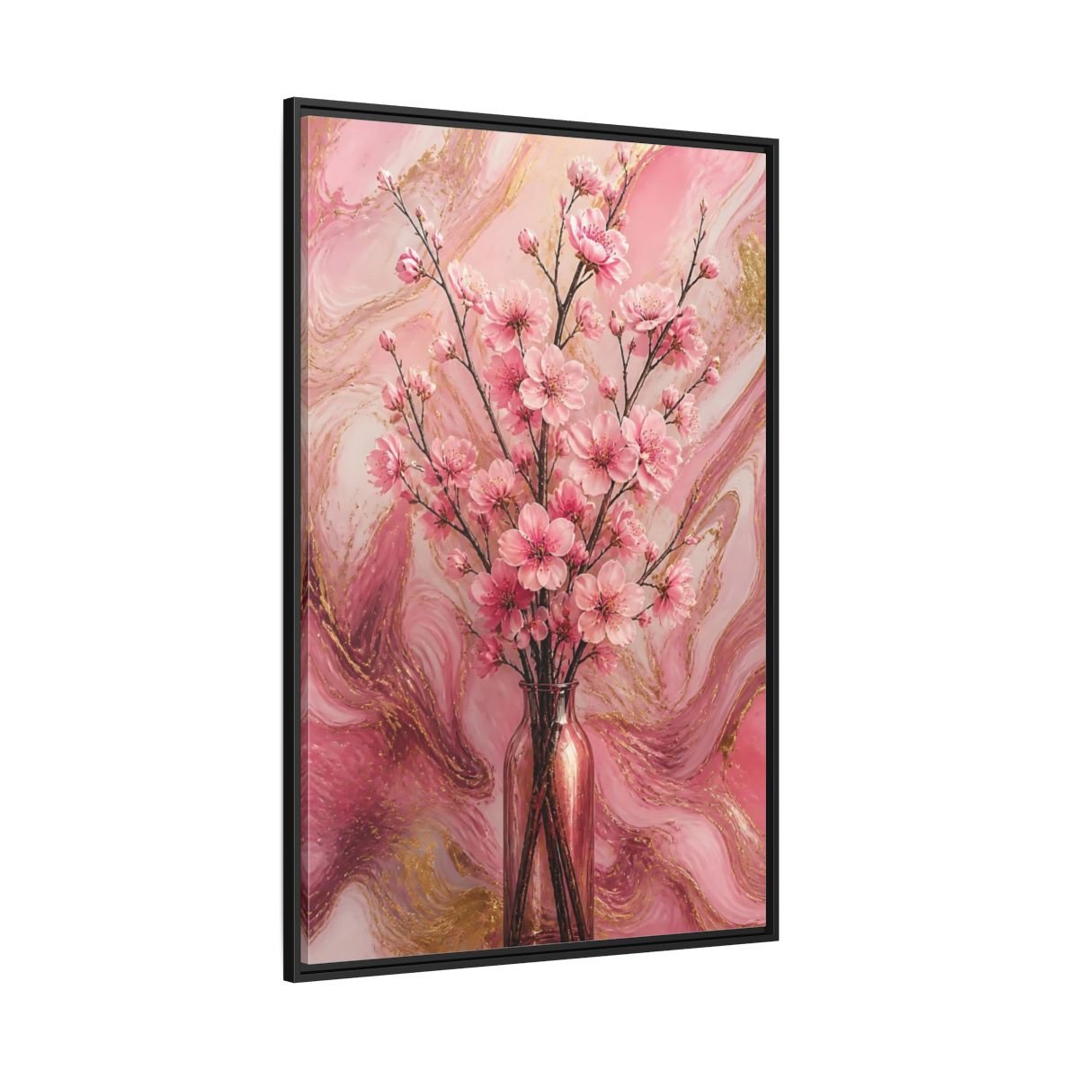 Floral Cherry Blossom Pink And Gold Framed Canvas Print – Living Room, Above Fireplace - YesArtYes