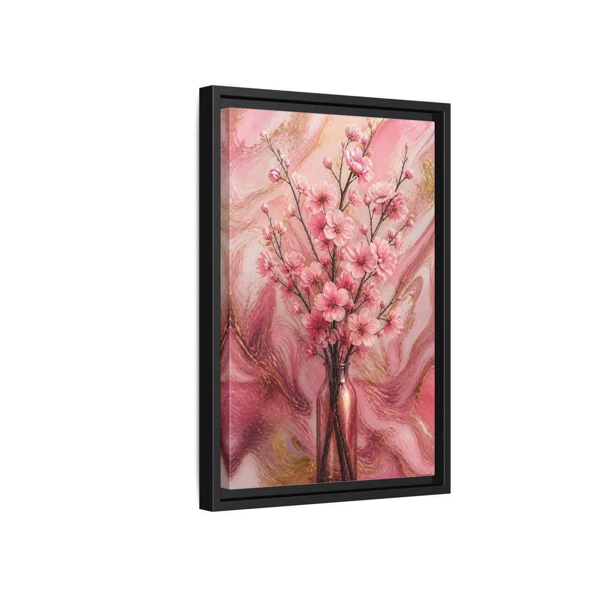 Floral Cherry Blossom Pink And Gold Framed Canvas Print – Living Room, Above Fireplace - YesArtYes